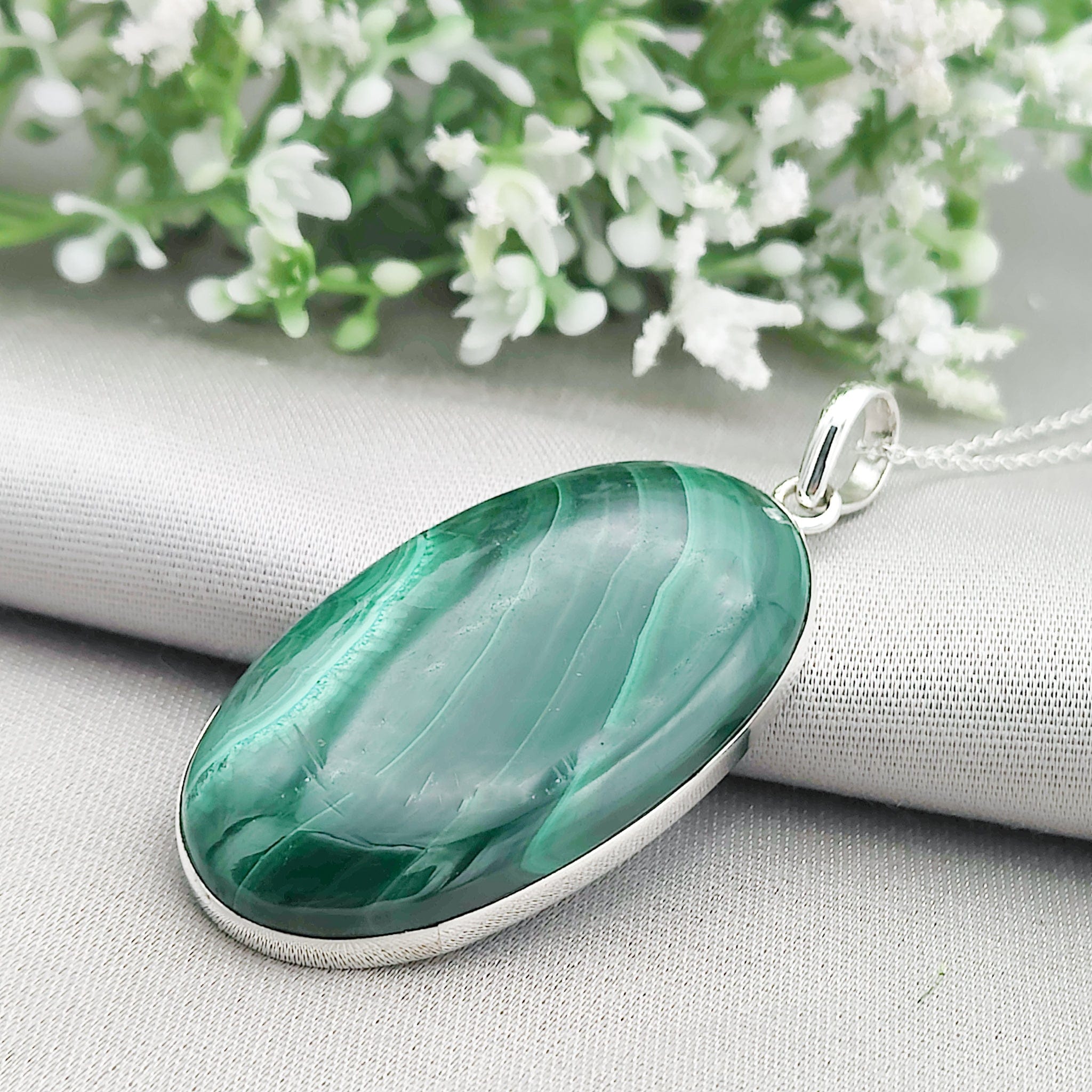 Hepburn and Hughes Malachite Pendant | 45mm Oval | May Gift | Sterling Silver