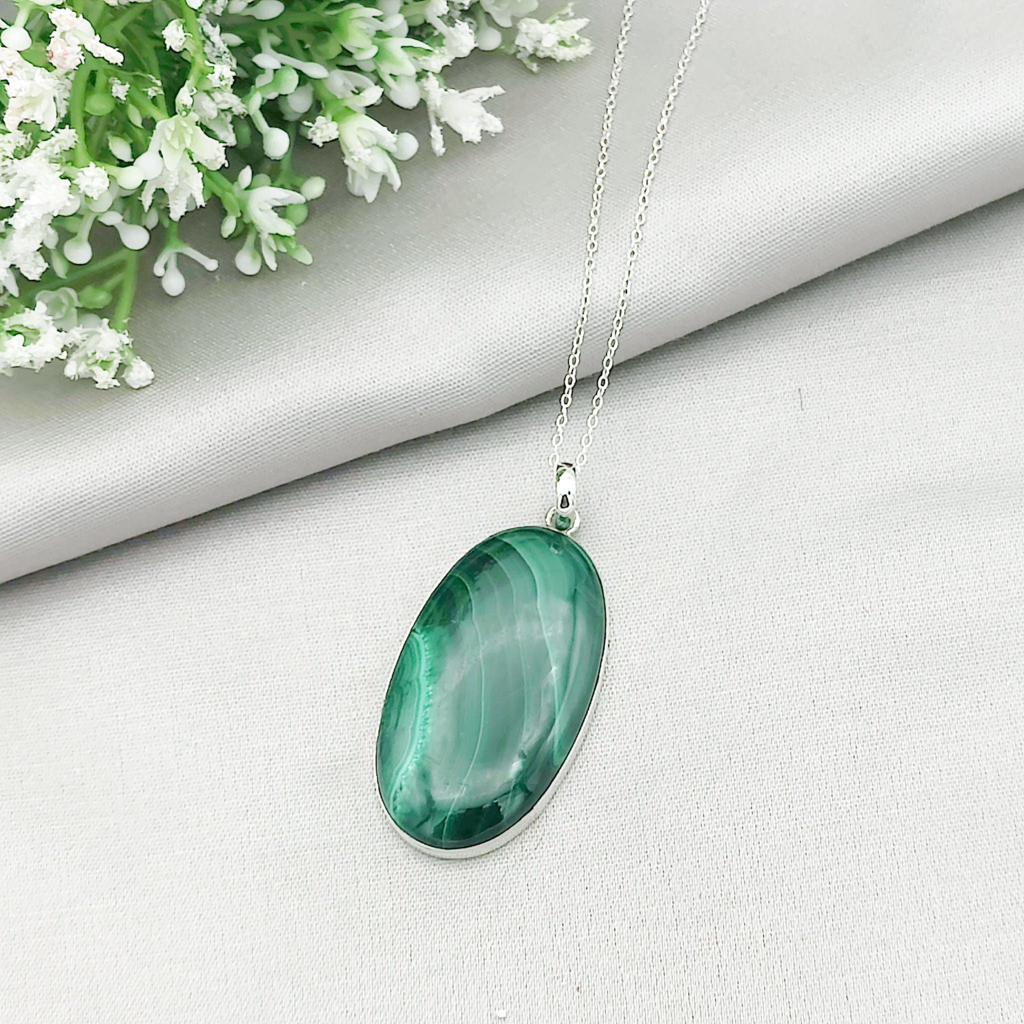 Hepburn and Hughes Malachite Pendant | 45mm Oval | May Gift | Sterling Silver