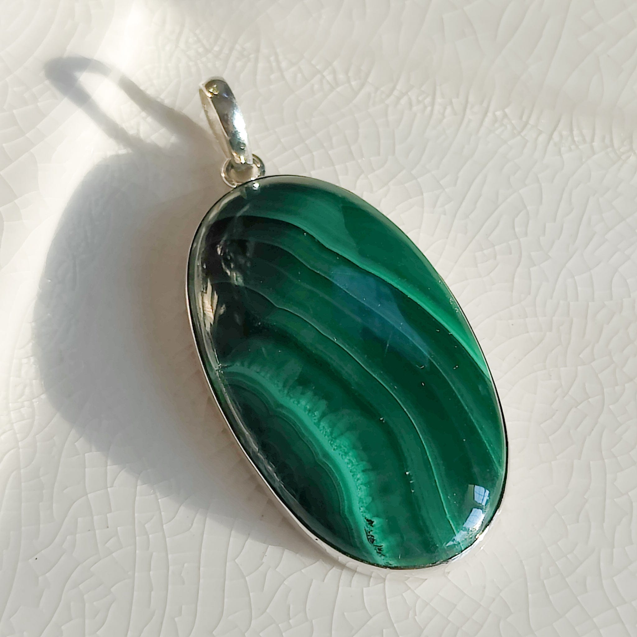 Hepburn and Hughes Malachite Pendant | 45mm Oval | May Gift | Sterling Silver