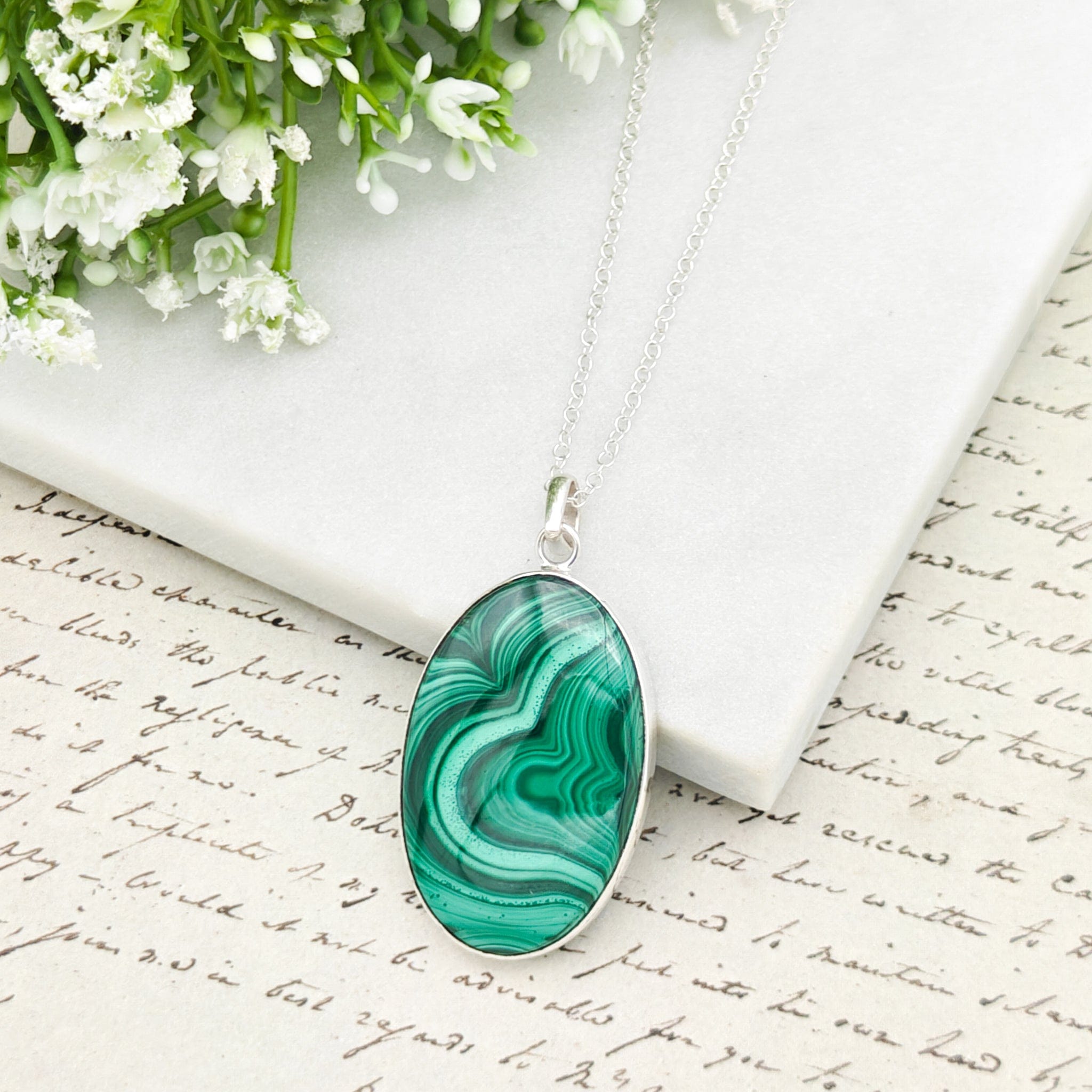 Hepburn and Hughes Malachite Pendant in Sterling Silver | 35mm Oval | 13th wedding anniversary | Sterling Silver