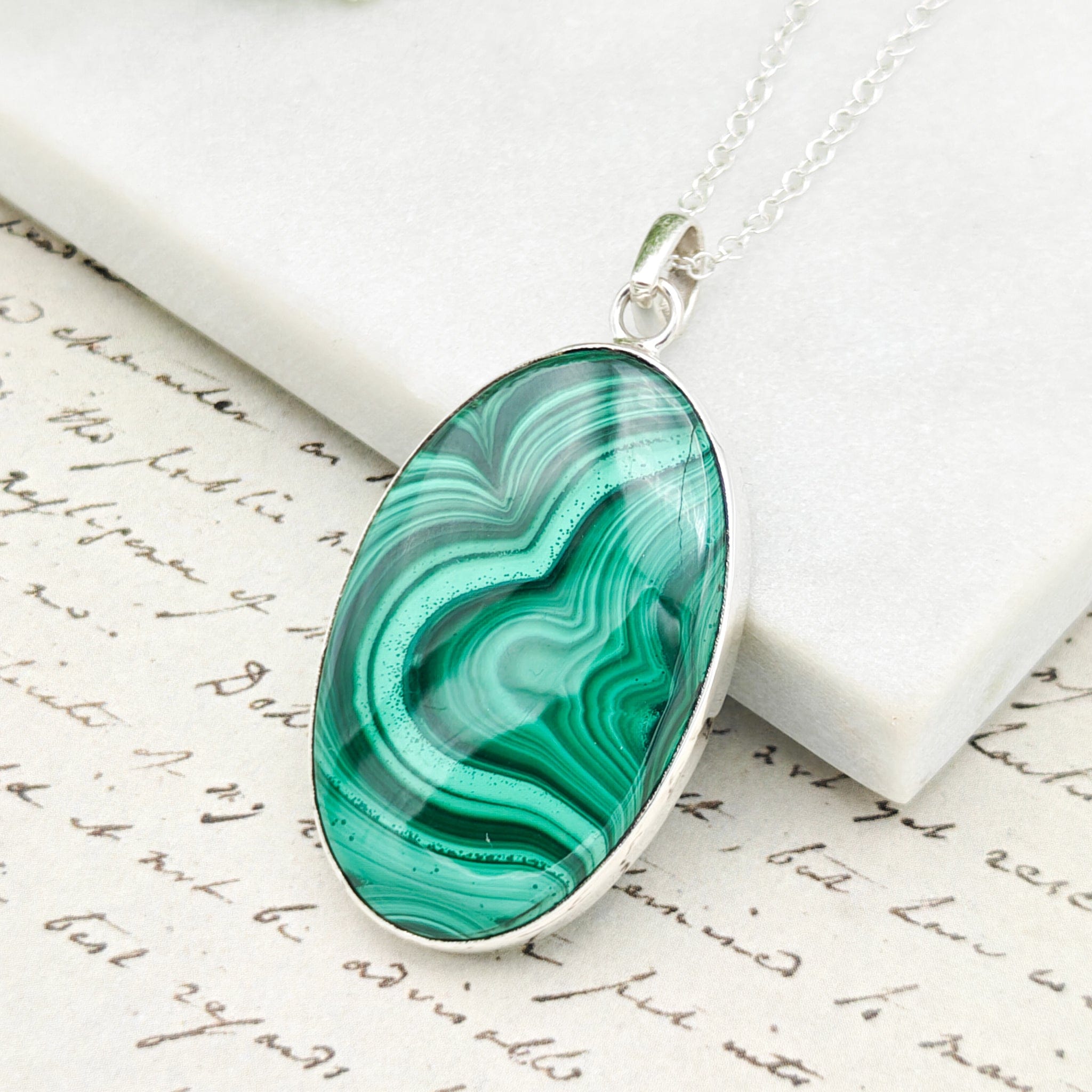 Hepburn and Hughes Malachite Pendant in Sterling Silver | 35mm Oval | 13th wedding anniversary | Sterling Silver