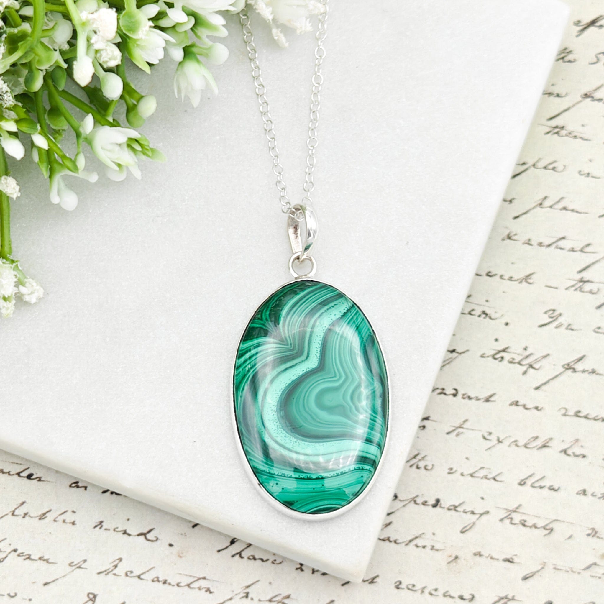 Hepburn and Hughes Malachite Pendant in Sterling Silver | 35mm Oval | 13th wedding anniversary | Sterling Silver