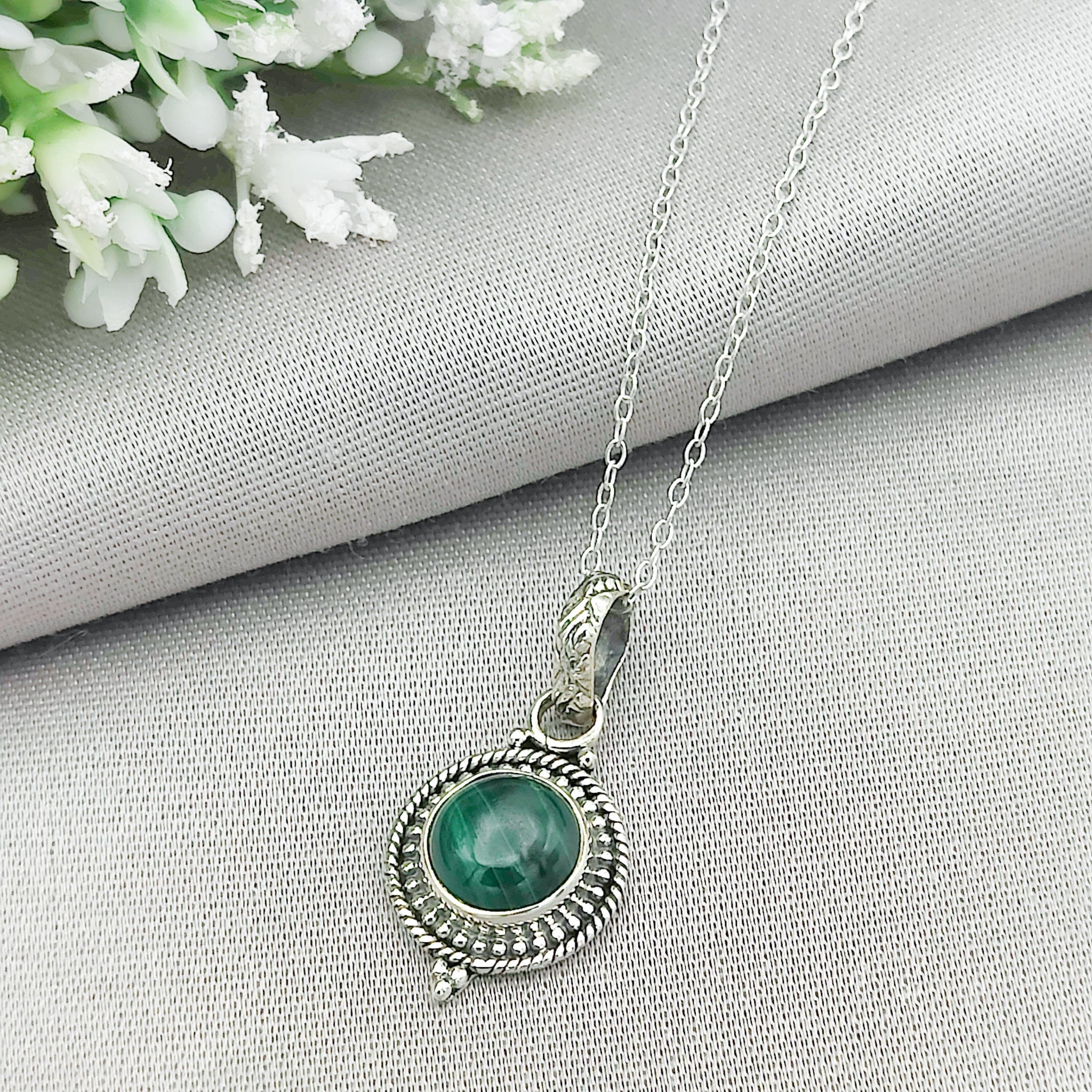 Hepburn and Hughes Malachite Pendant | Ornate Circle | Taurus Gift | Sterling Silver