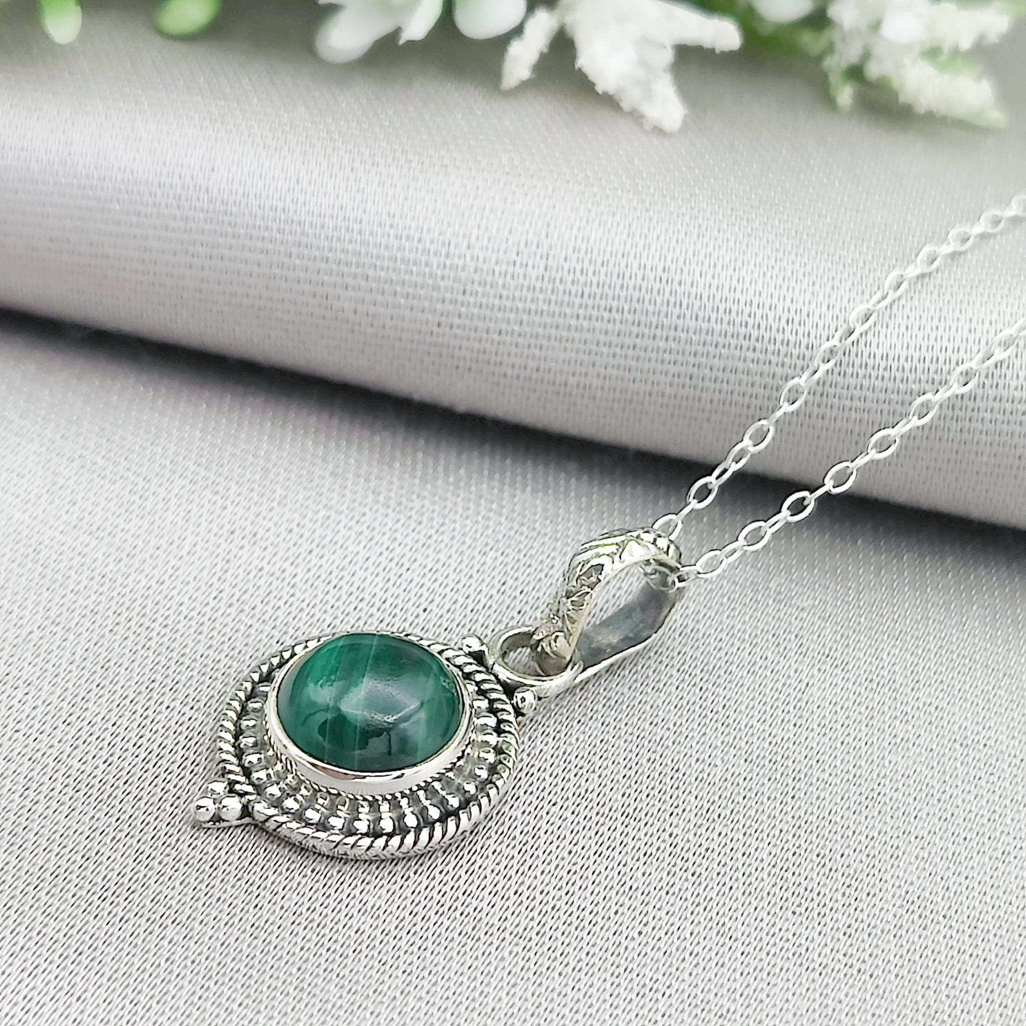 Hepburn and Hughes Malachite Pendant | Ornate Circle | Taurus Gift | Sterling Silver