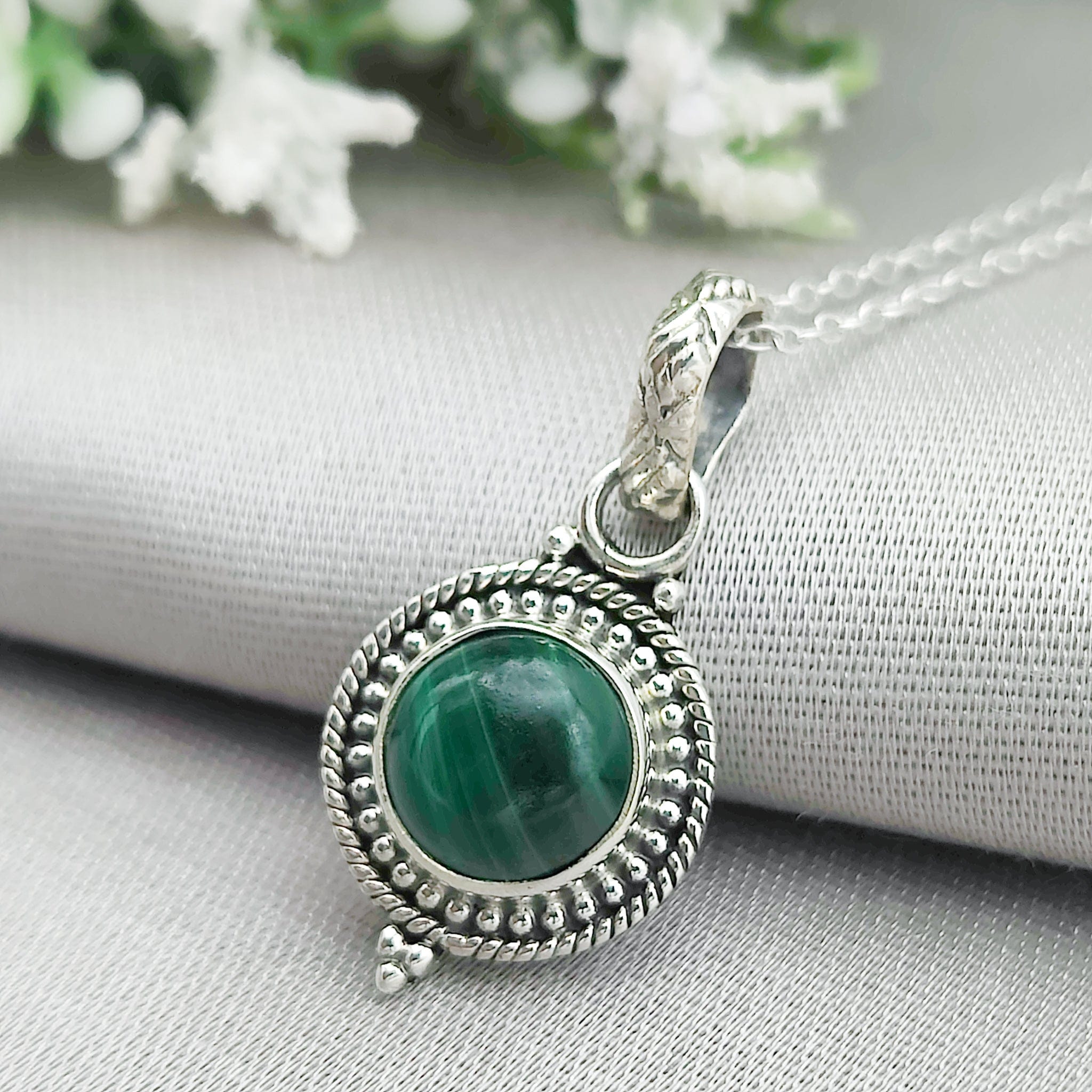 Hepburn and Hughes Malachite Pendant | Ornate Circle | Taurus Gift | Sterling Silver
