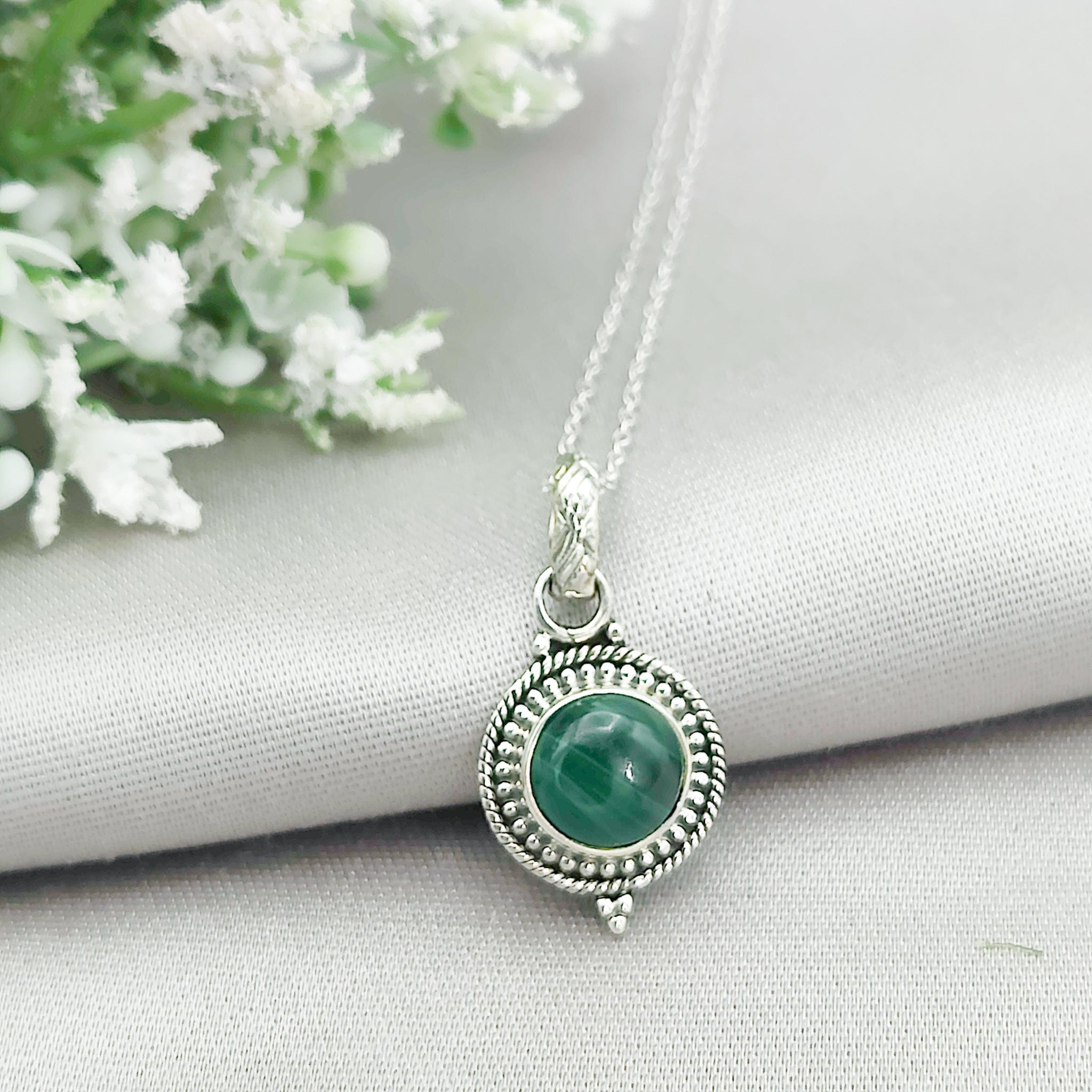 Hepburn and Hughes Malachite Pendant | Ornate Circle | Taurus Gift | Sterling Silver