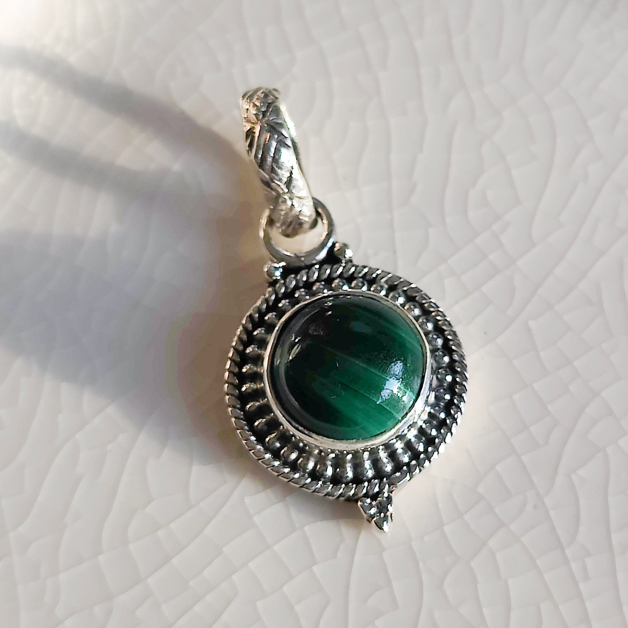Hepburn and Hughes Malachite Pendant | Ornate Circle | Taurus Gift | Sterling Silver