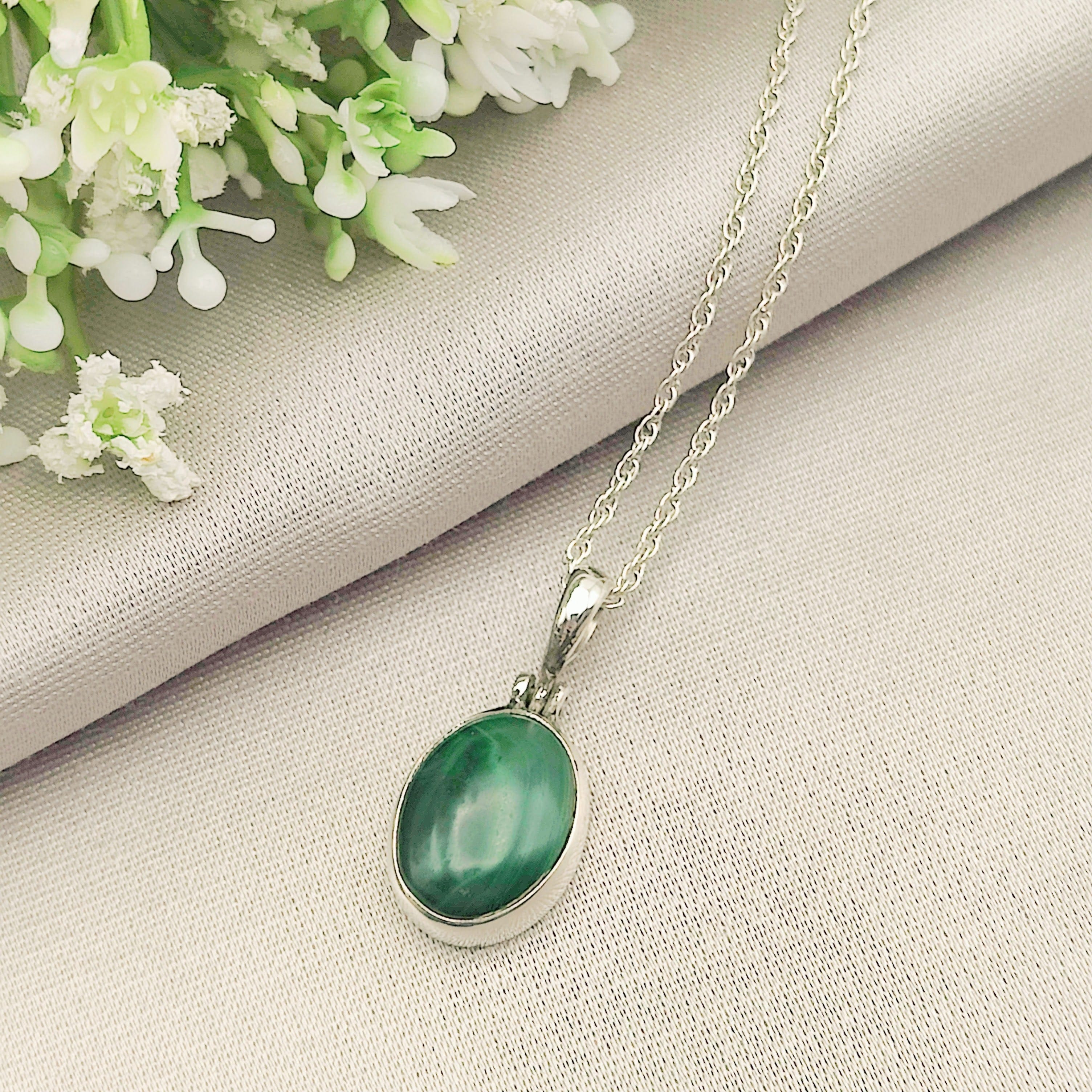 Hepburn and Hughes Malachite Pendant | Oval | Sterling Silver