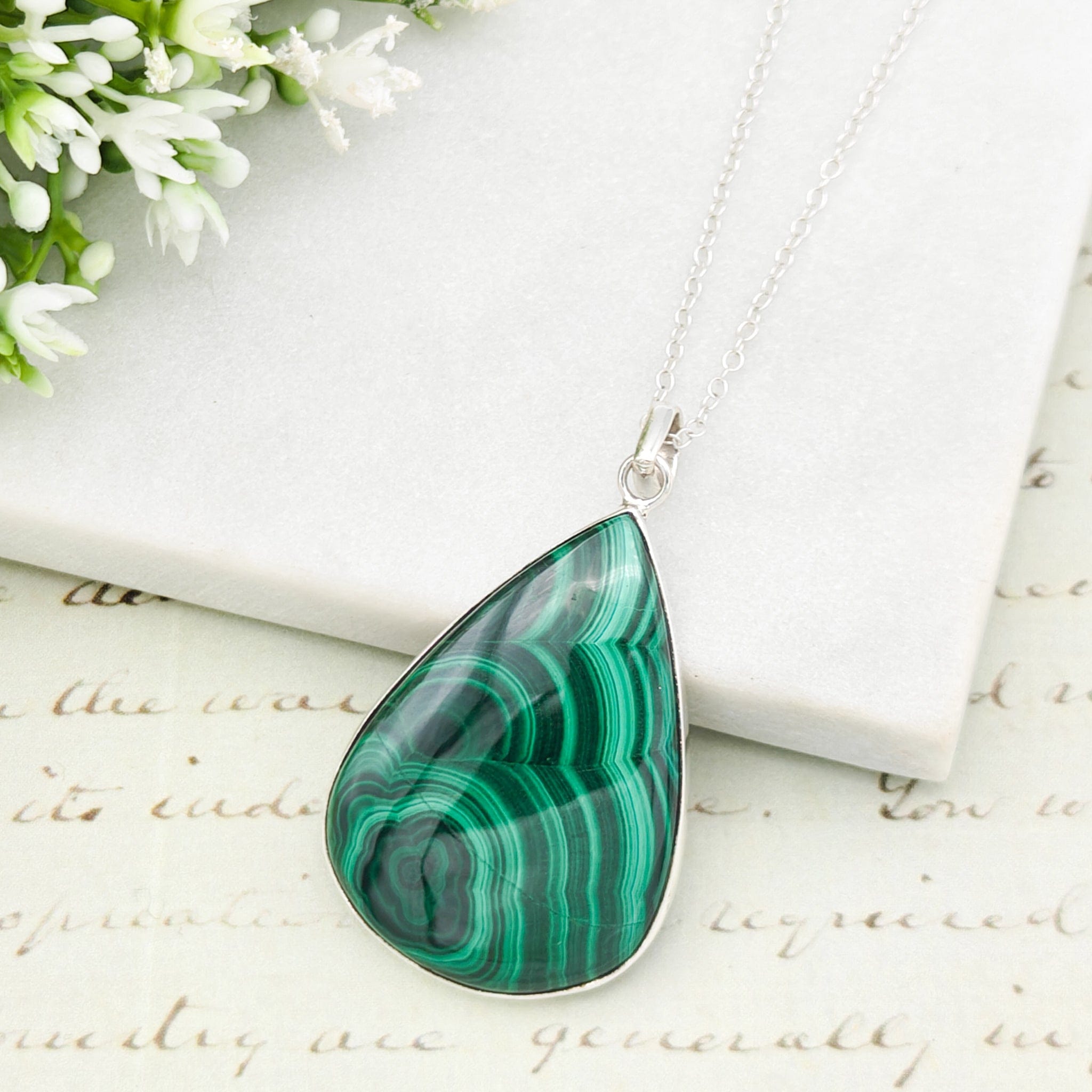 Hepburn and Hughes Malachite Pendant | Teardrop 3 Options | Taurus Gift | Sterling Silver