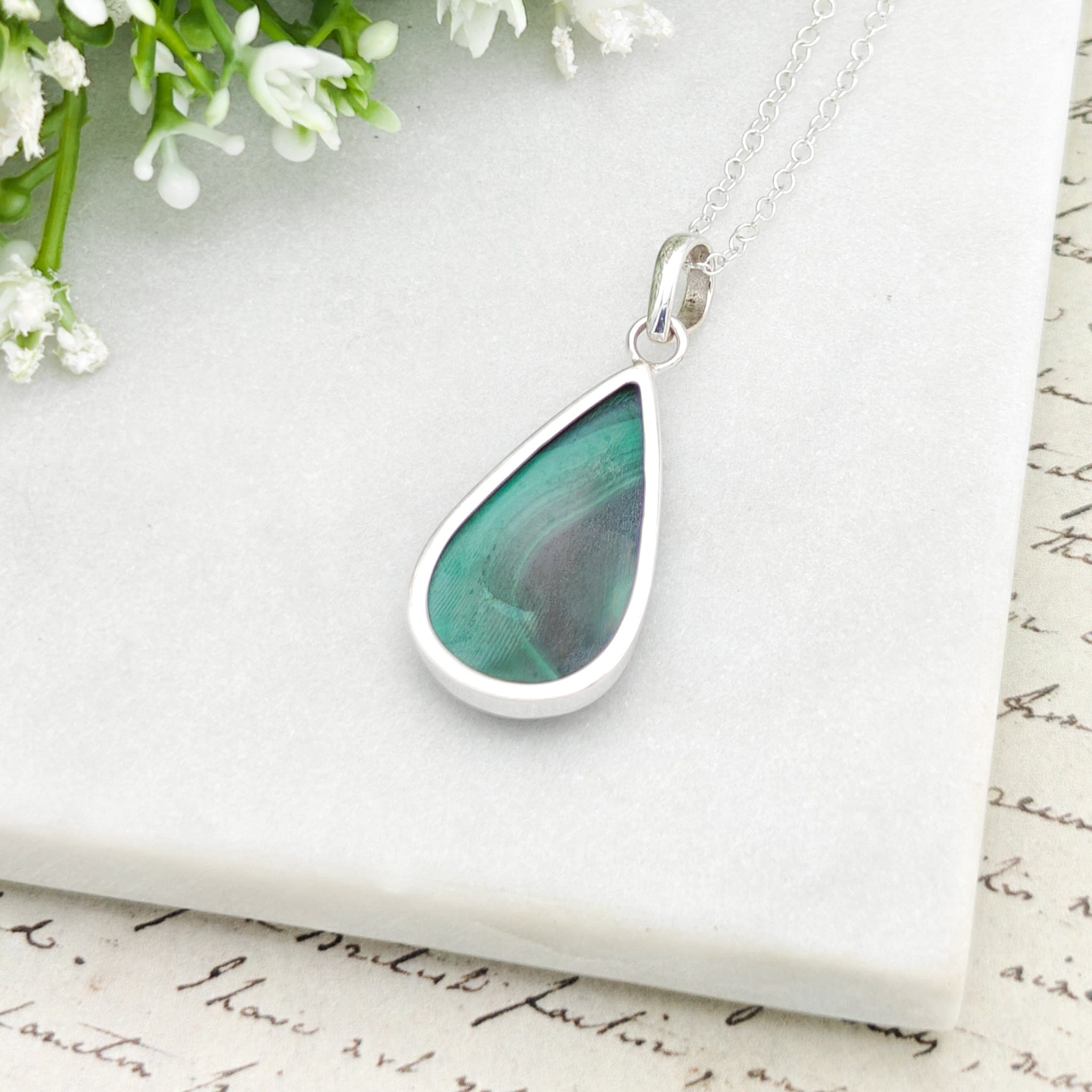 Hepburn and Hughes Malachite Sterling Silver Pendant | Green Gemstone | 13th anniversary gift
