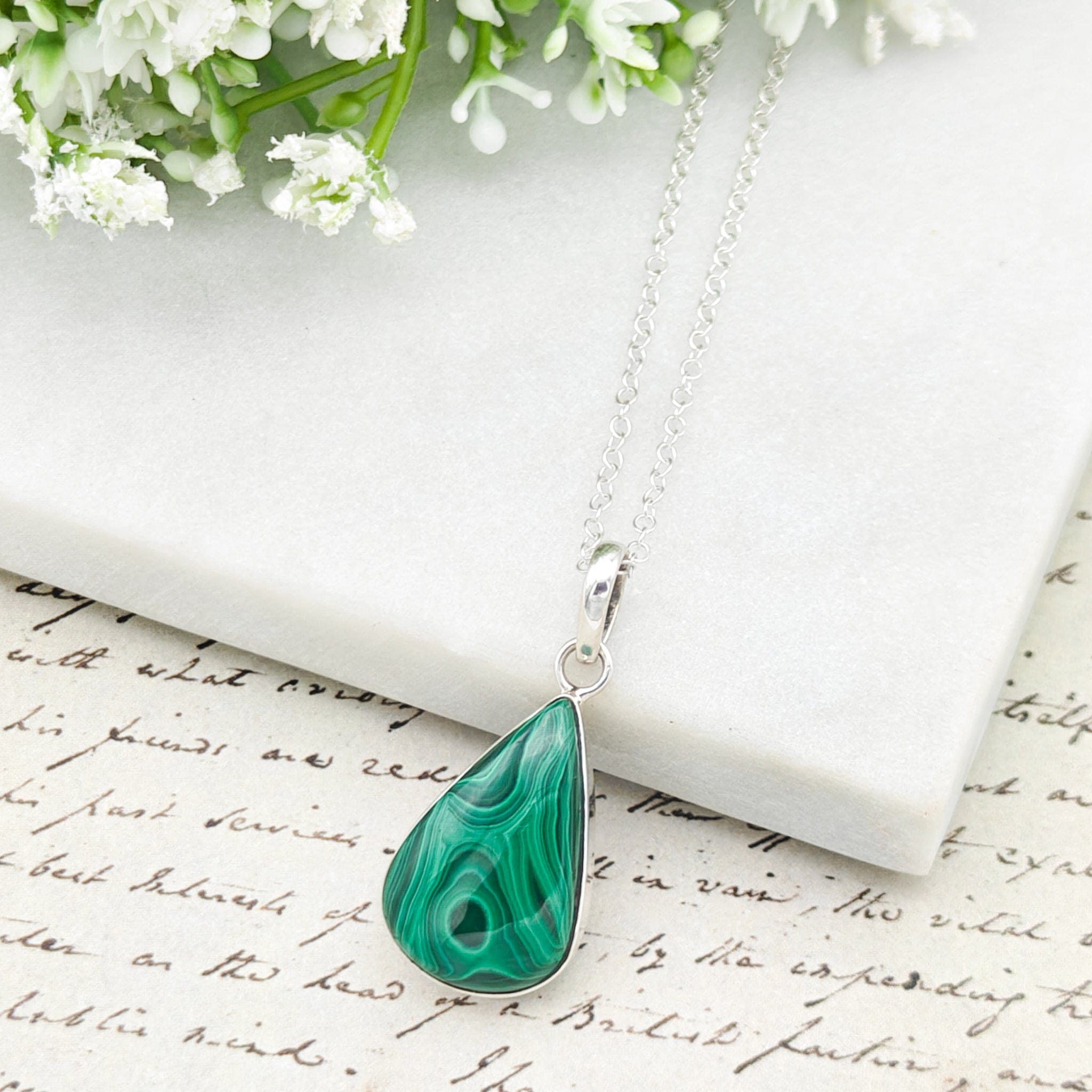 Hepburn and Hughes Malachite Sterling Silver Pendant | Green Gemstone | 13th anniversary gift