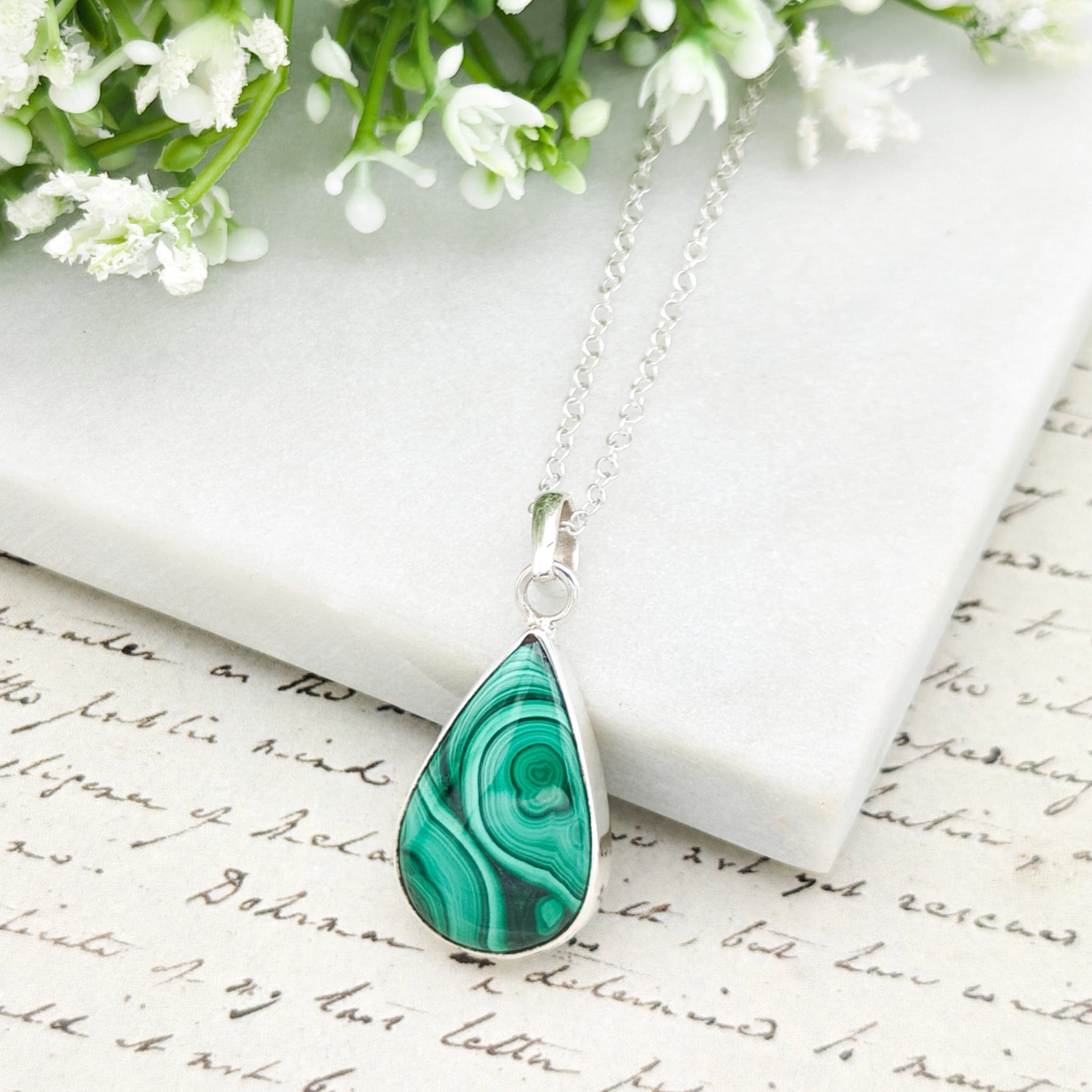 Hepburn and Hughes Malachite Sterling Silver Pendant | Green Gemstone | 13th anniversary gift