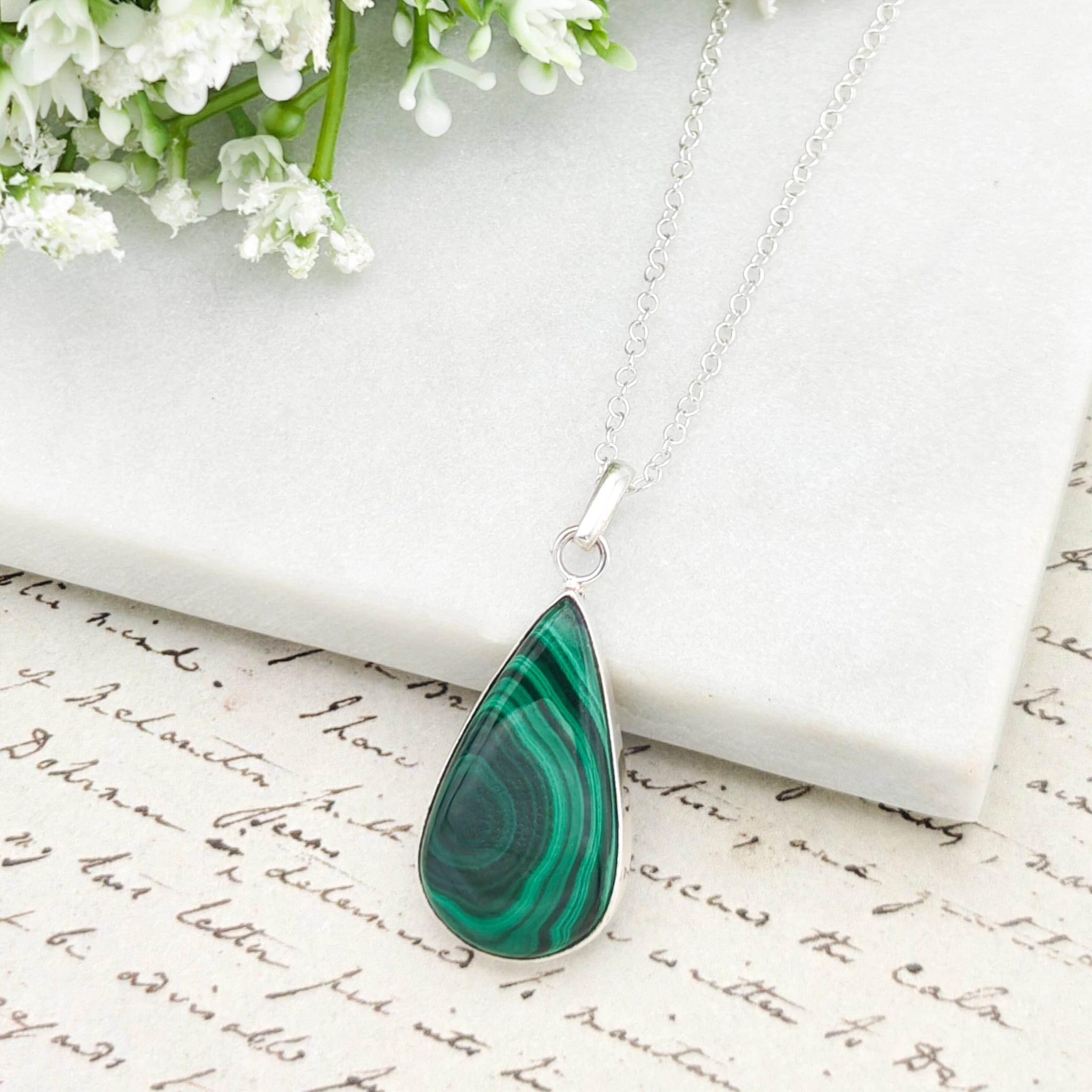 Hepburn and Hughes Malachite Sterling Silver Pendant | Green Gemstone | 13th anniversary gift