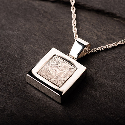Meteorite pendant, sterling silver square pendant in sterling silver with rope chain