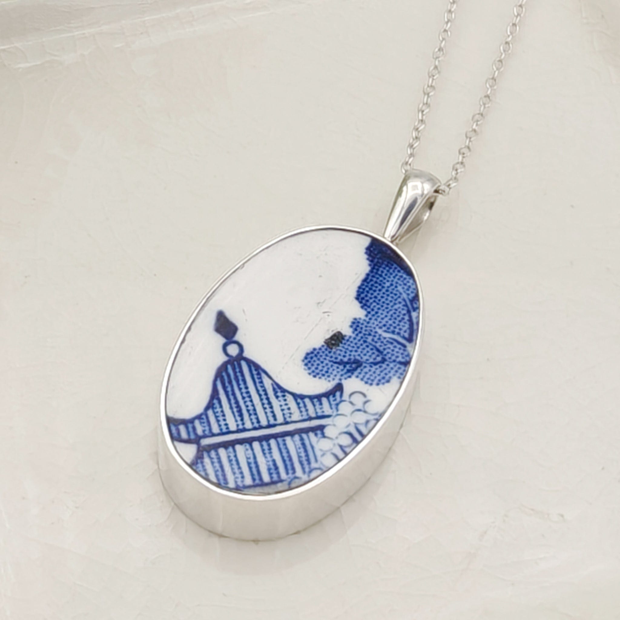 Hepburn and Hughes Minton Pottery Ceramic Pendant | 30mm Oval | Upcycled Blue Willow | Sterling Silver