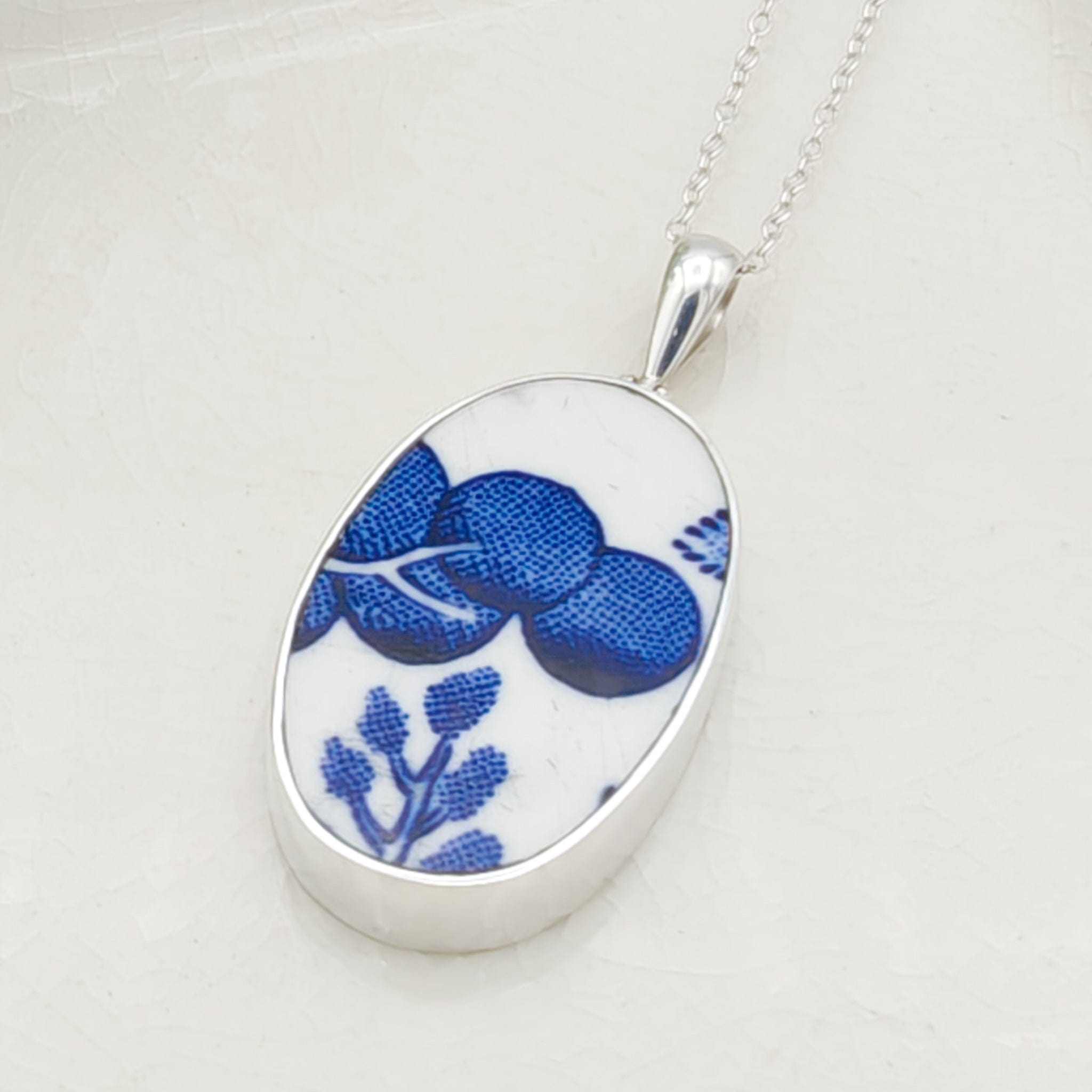 Hepburn and Hughes Minton Pottery Ceramic Pendant | 30mm Oval | Upcycled Blue Willow | Sterling Silver