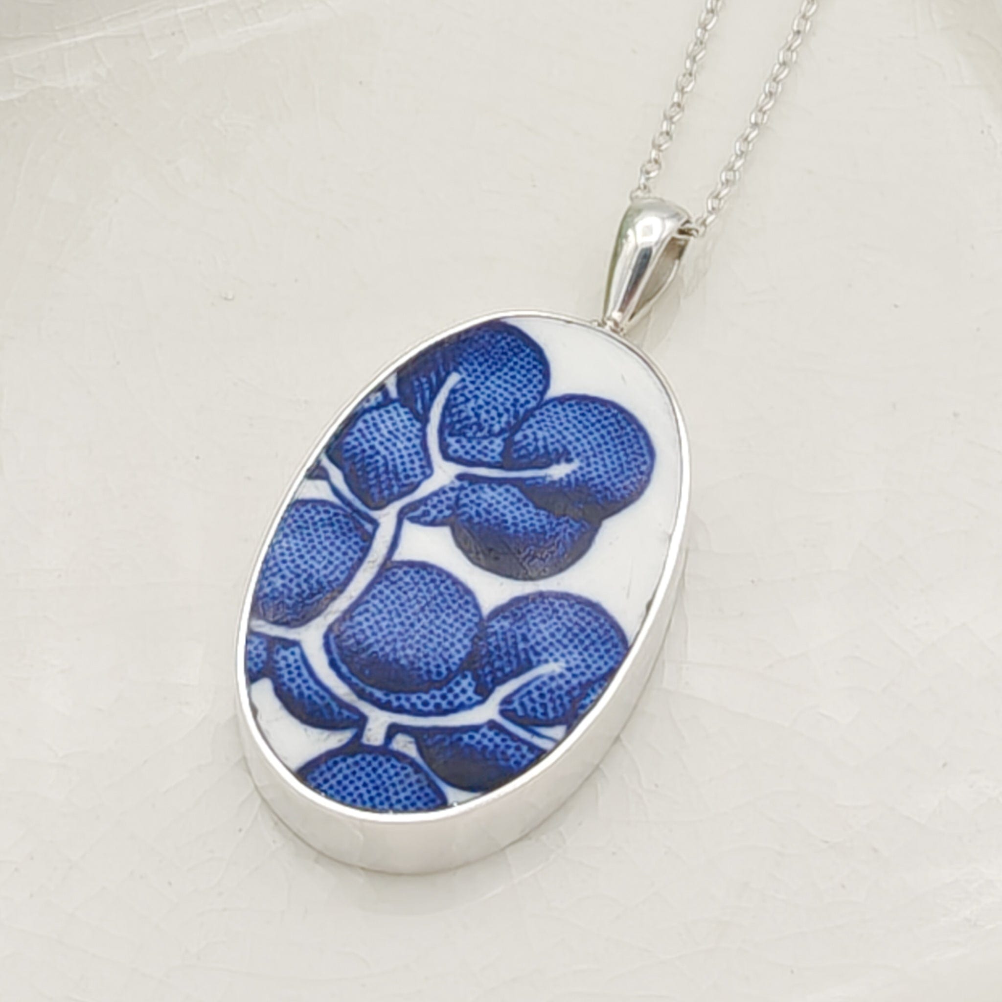 Hepburn and Hughes Minton Pottery Ceramic Pendant | 30mm Oval | Upcycled Blue Willow | Sterling Silver