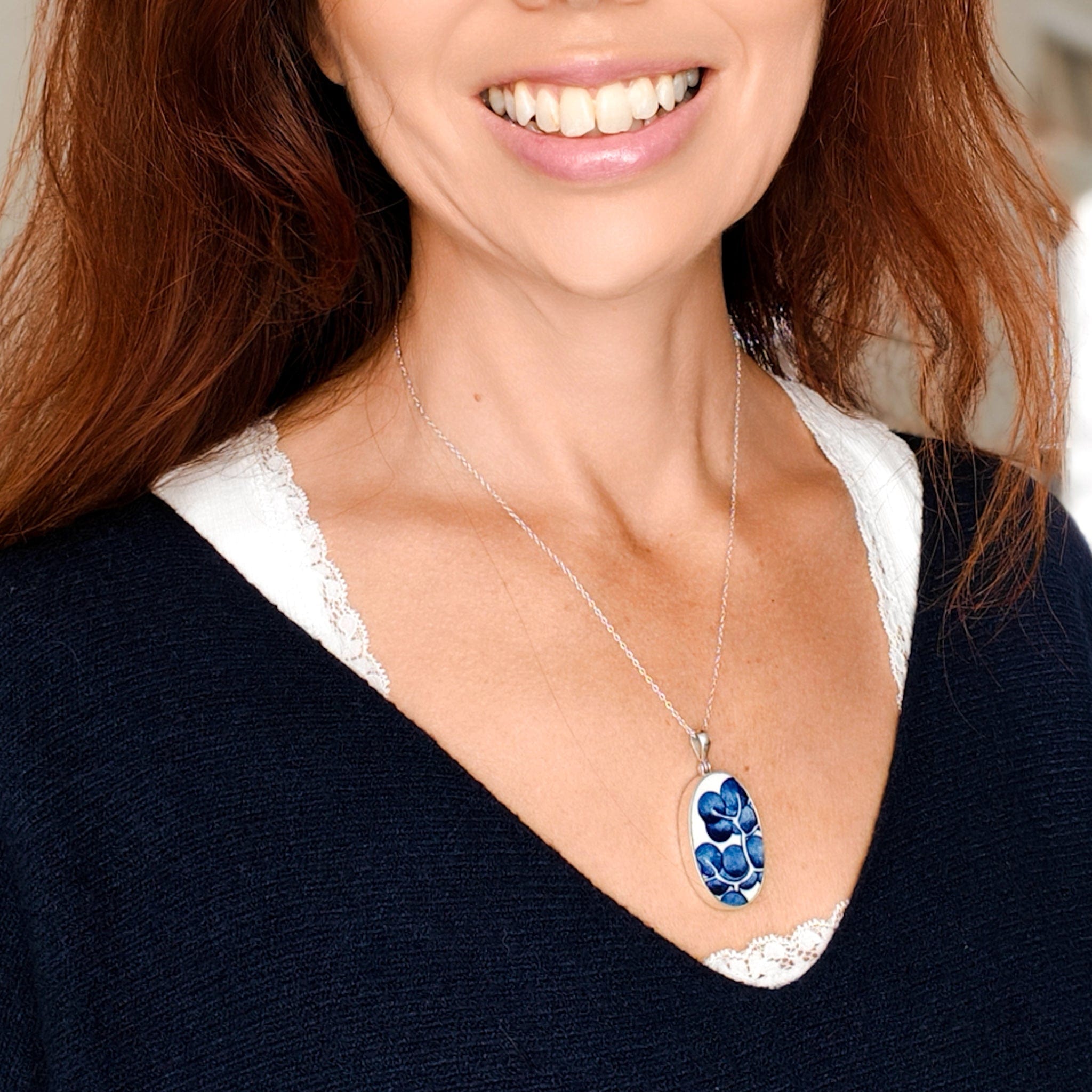 Hepburn and Hughes Minton Pottery Ceramic Pendant | 30mm Oval | Upcycled Blue Willow | Sterling Silver