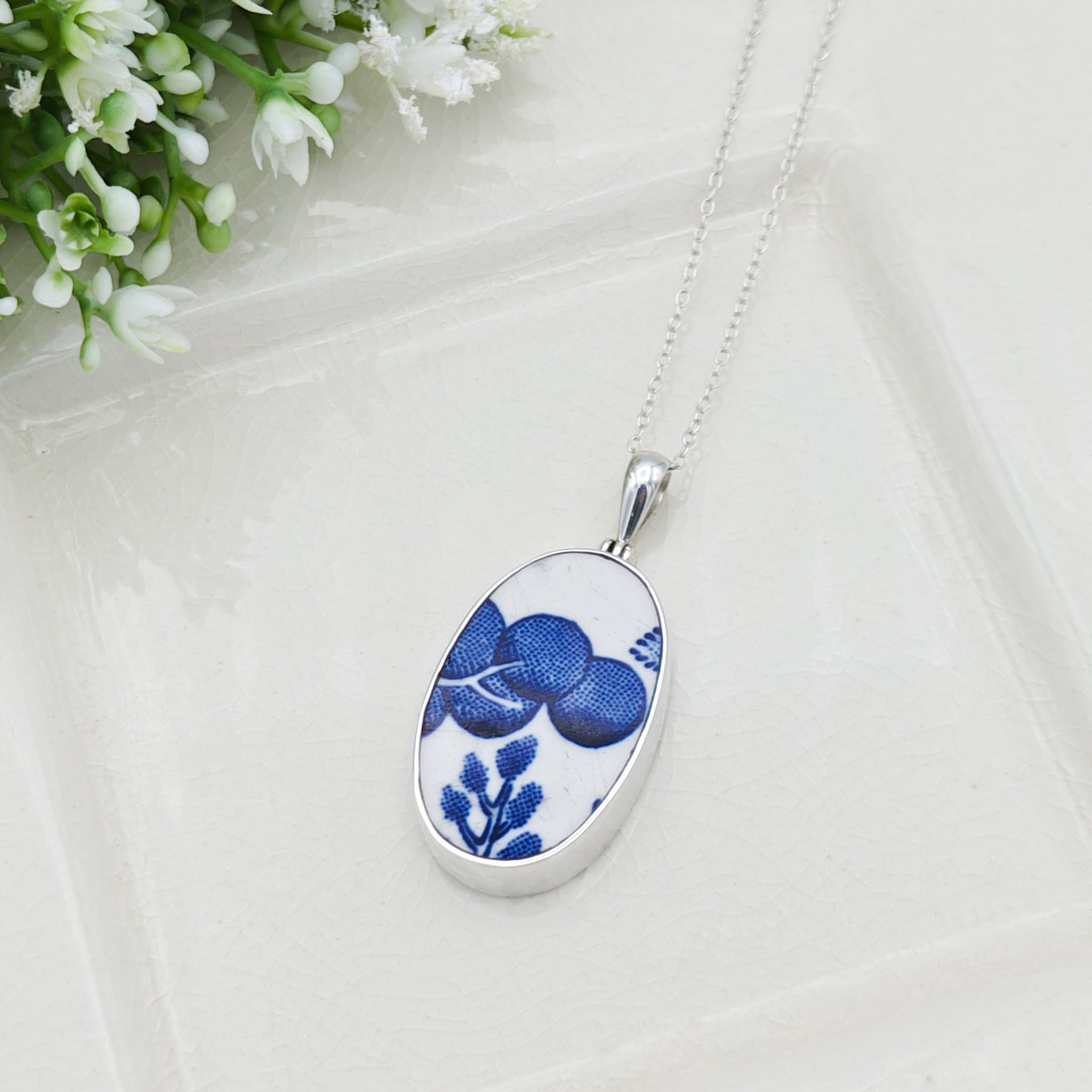 Hepburn and Hughes Minton Pottery Ceramic Pendant | 30mm Oval | Upcycled Blue Willow | Sterling Silver