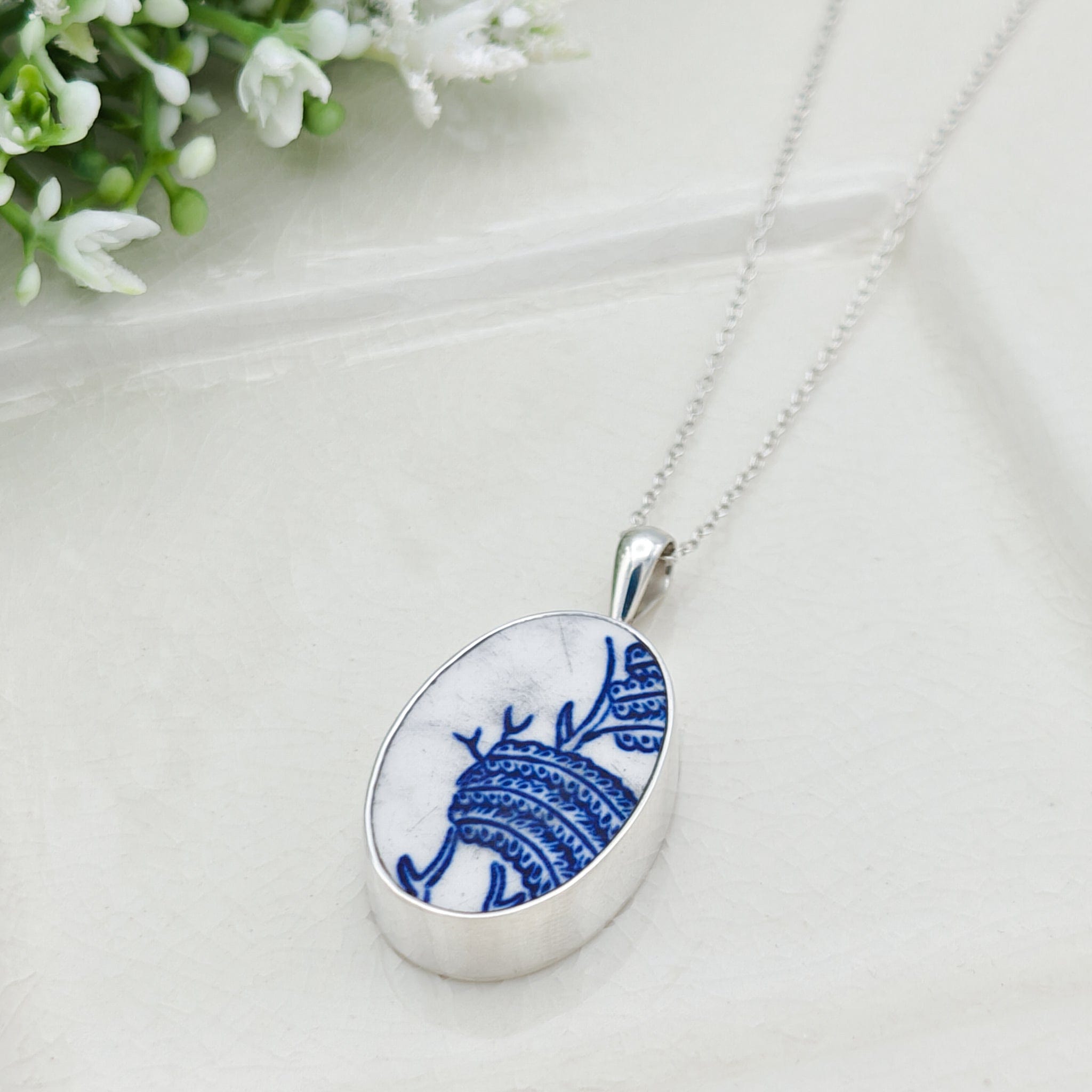 Hepburn and Hughes Minton Pottery Ceramic Pendant | 30mm Oval | Upcycled Blue Willow | Sterling Silver
