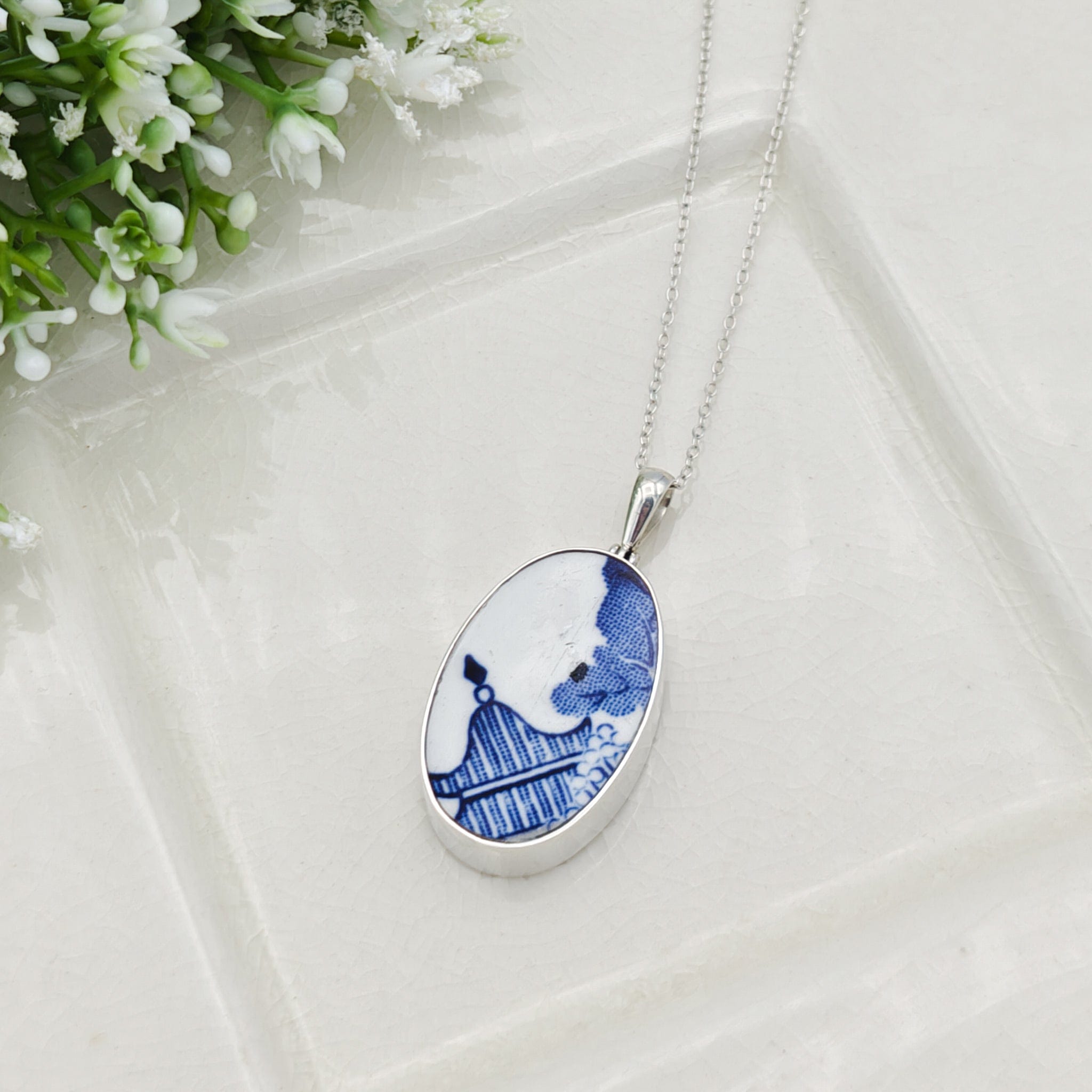 Hepburn and Hughes Minton Pottery Ceramic Pendant | 30mm Oval | Upcycled Blue Willow | Sterling Silver