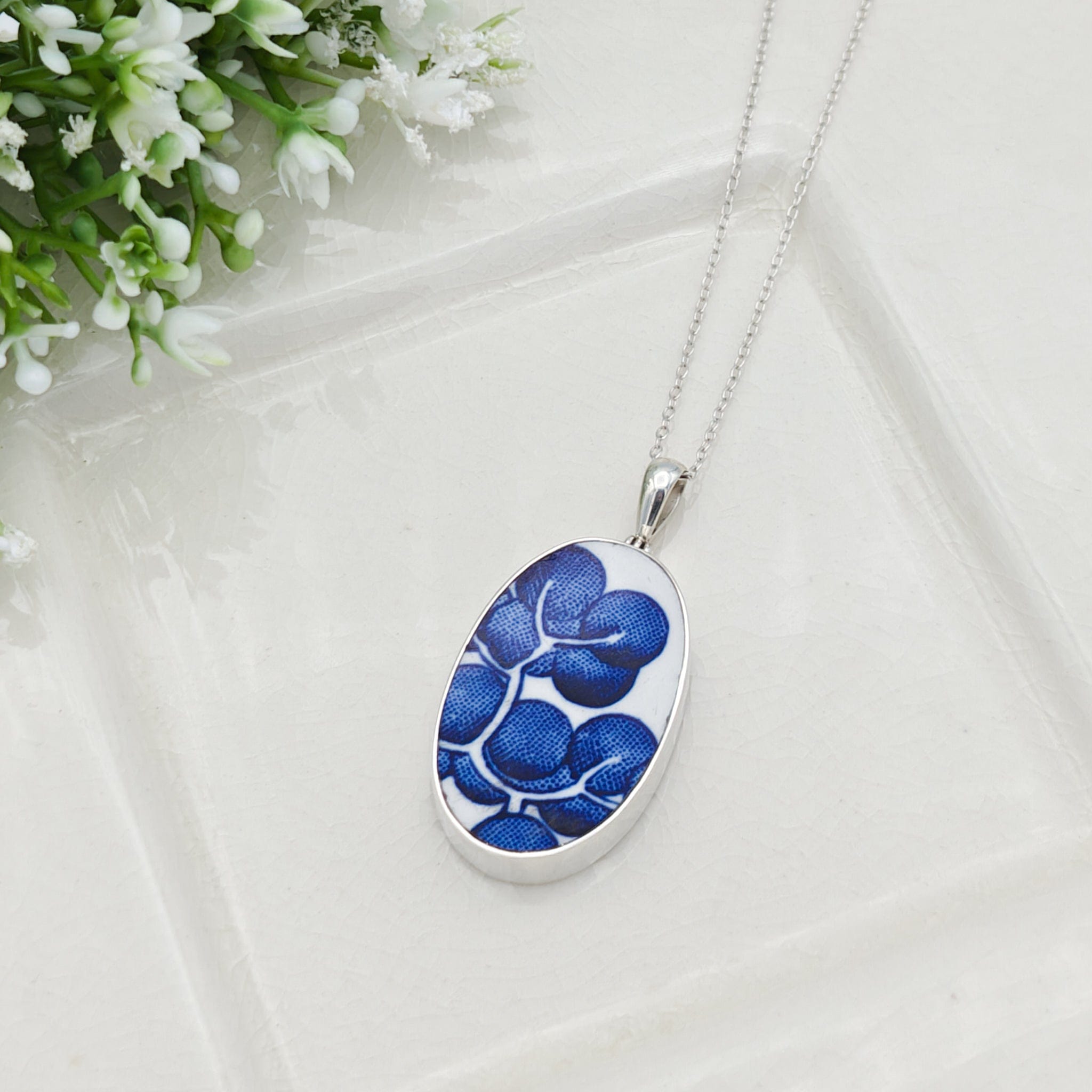 Hepburn and Hughes Minton Pottery Ceramic Pendant | 30mm Oval | Upcycled Blue Willow | Sterling Silver