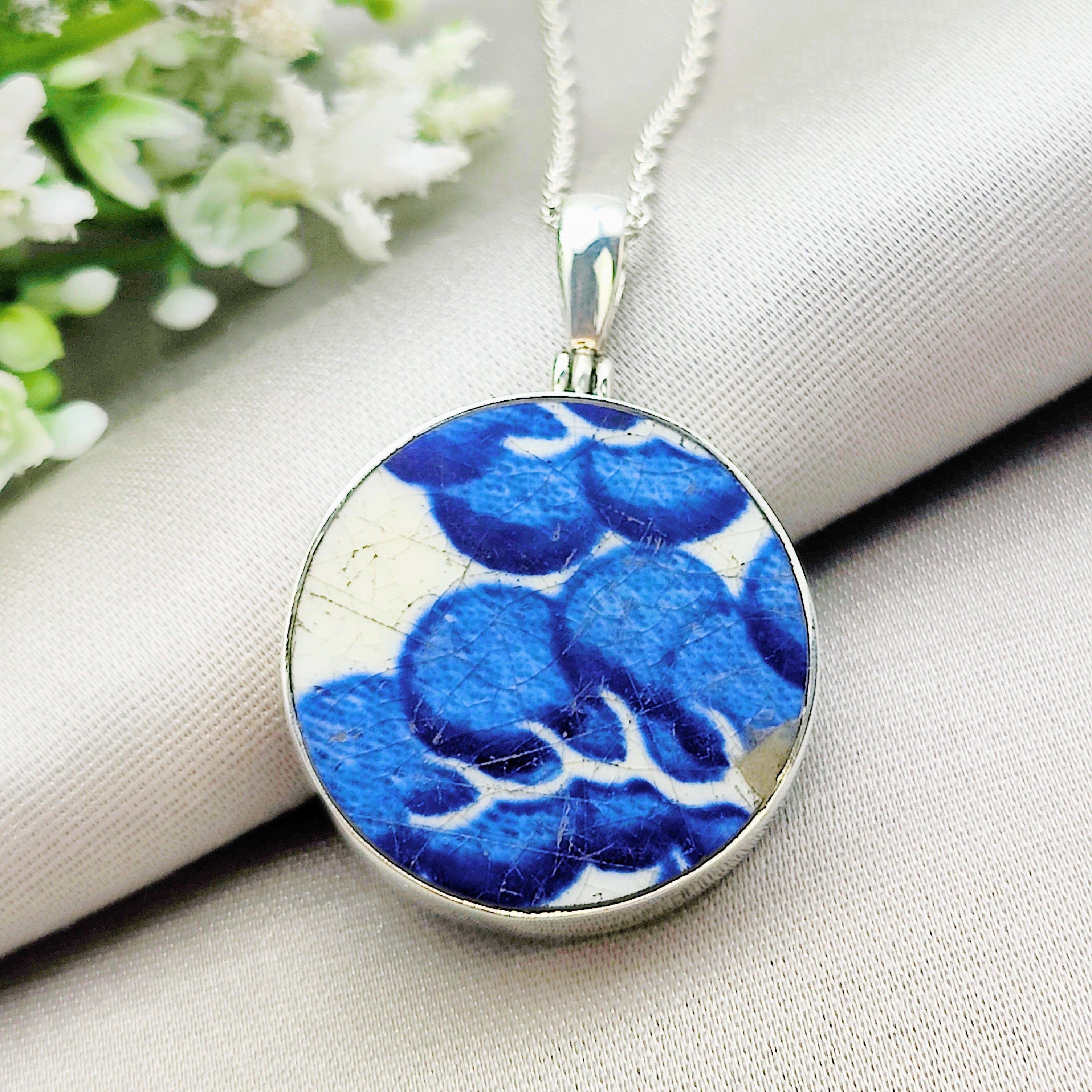 Hepburn and Hughes Minton Pottery Ceramic Pendant | Upcycled Blue Willow | 27mm Circle | Sterling Silver