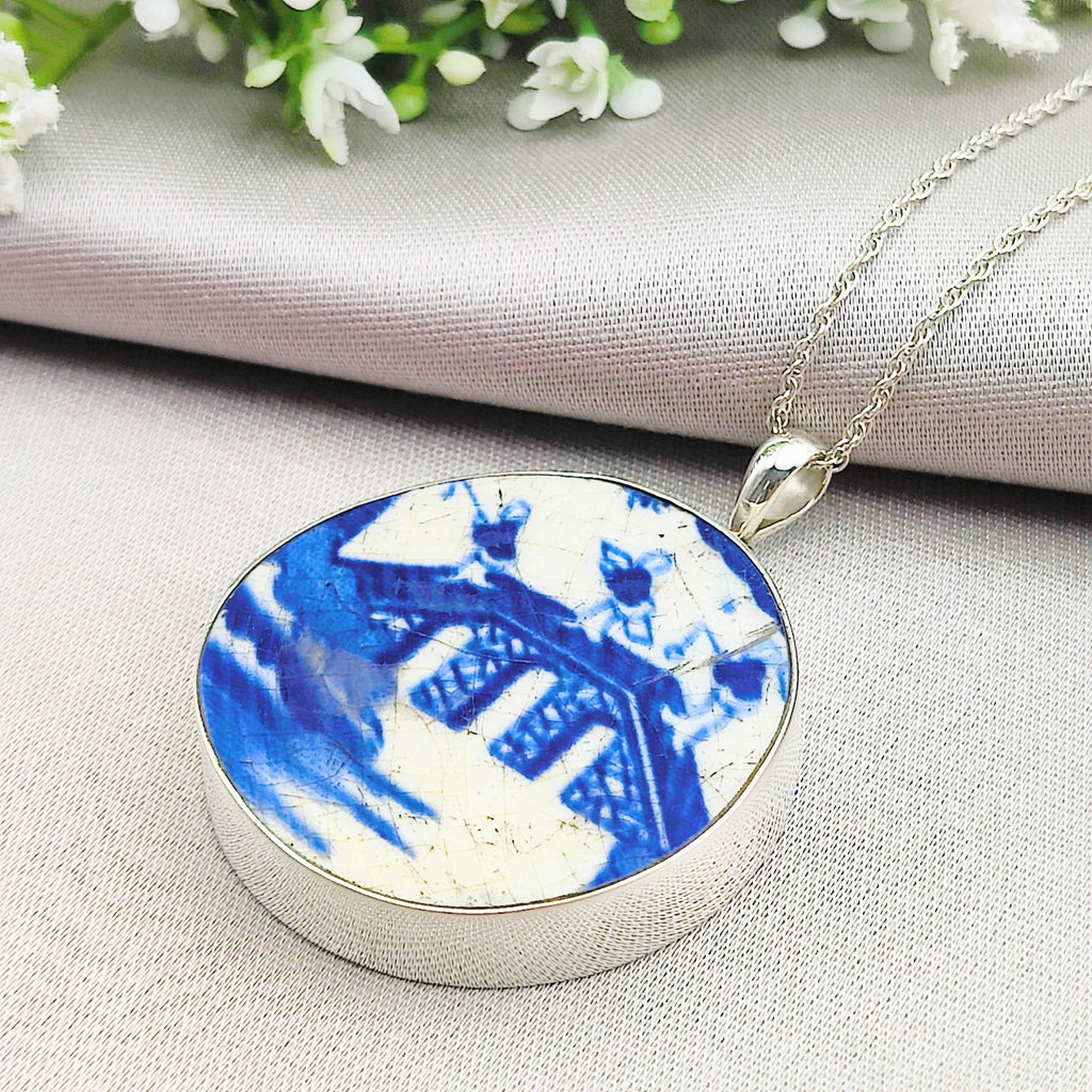 Hepburn and Hughes Minton Pottery Ceramic Pendant | Upcycled Blue Willow | 38mm Circle | Sterling Silver