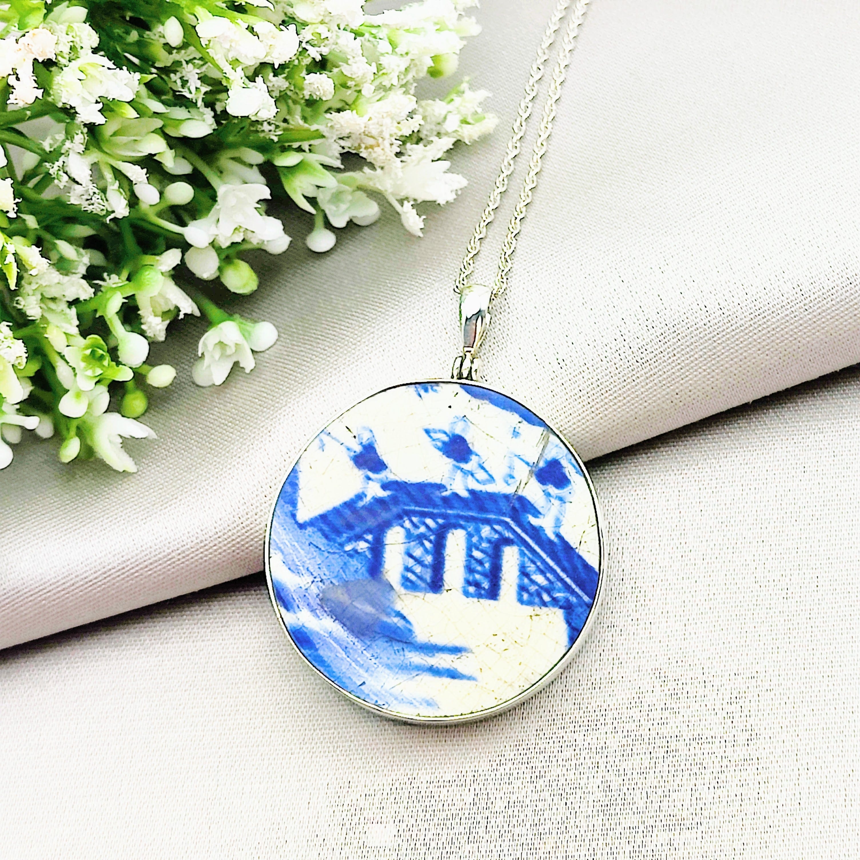 Hepburn and Hughes Minton Pottery Ceramic Pendant | Upcycled Blue Willow | 38mm Circle | Sterling Silver