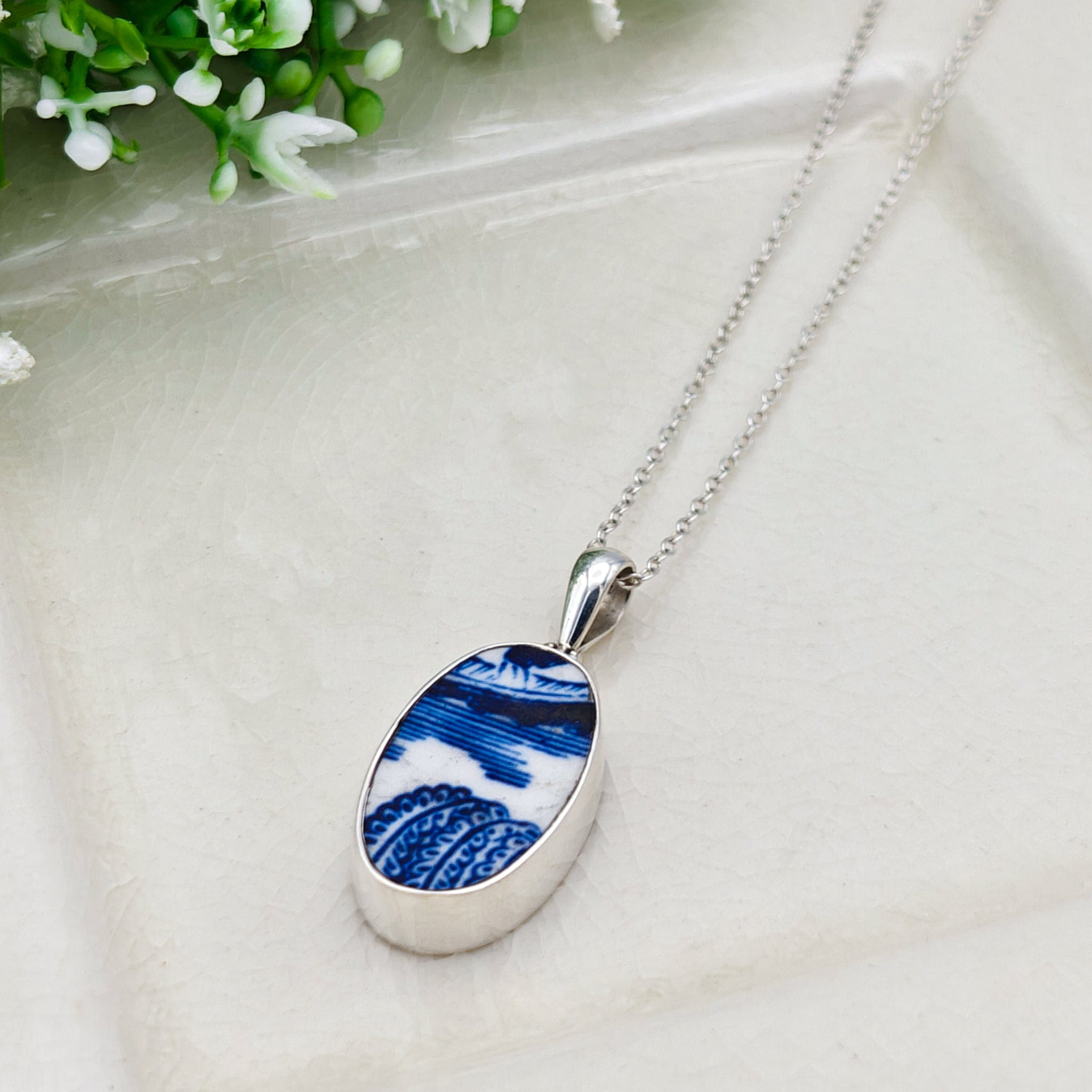 Hepburn and Hughes Minton Pottery Ceramic Pendant | Upcycled Willow Pattern Plate | 25mm Oval | Sterling Silver