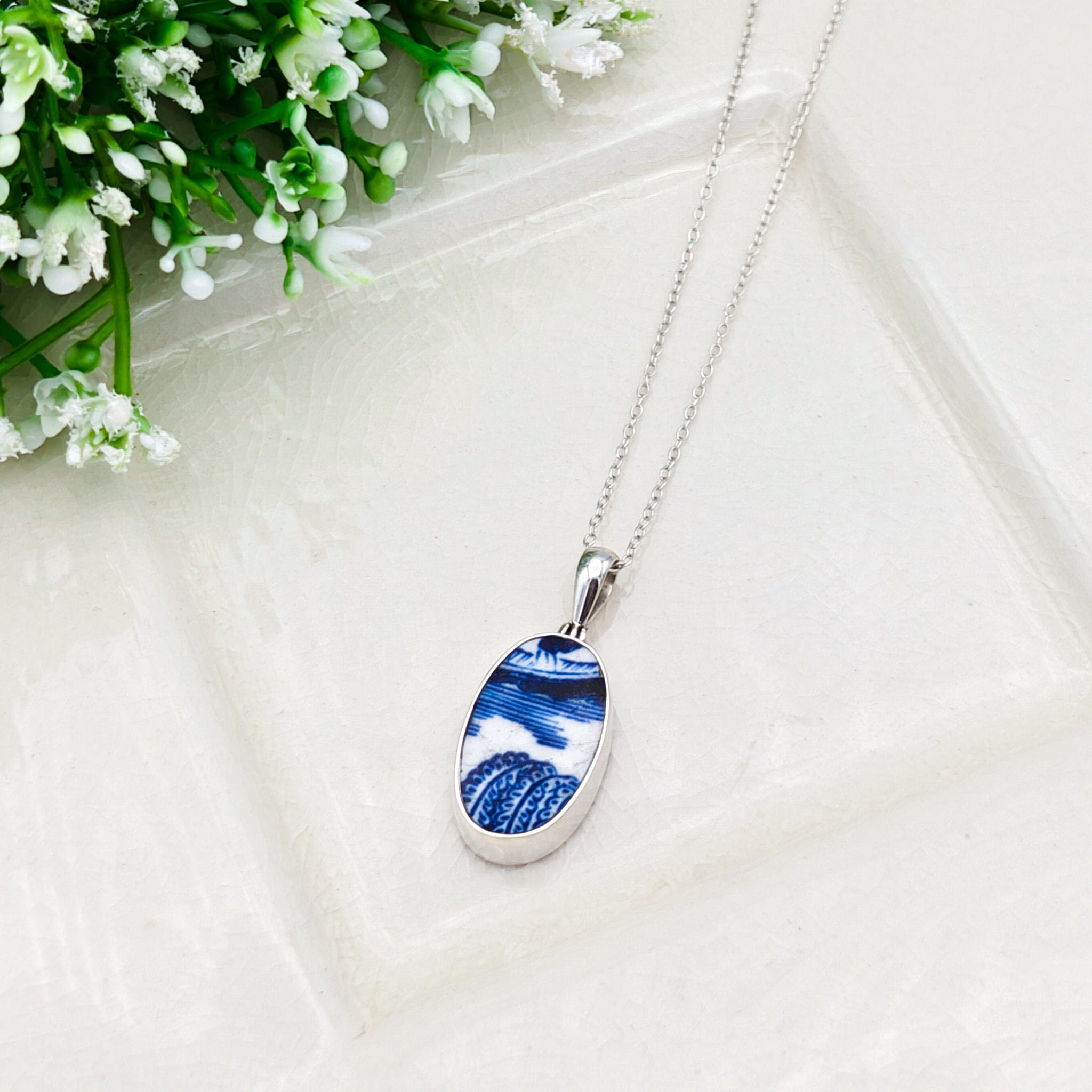 Hepburn and Hughes Minton Pottery Ceramic Pendant | Upcycled Willow Pattern Plate | 25mm Oval | Sterling Silver