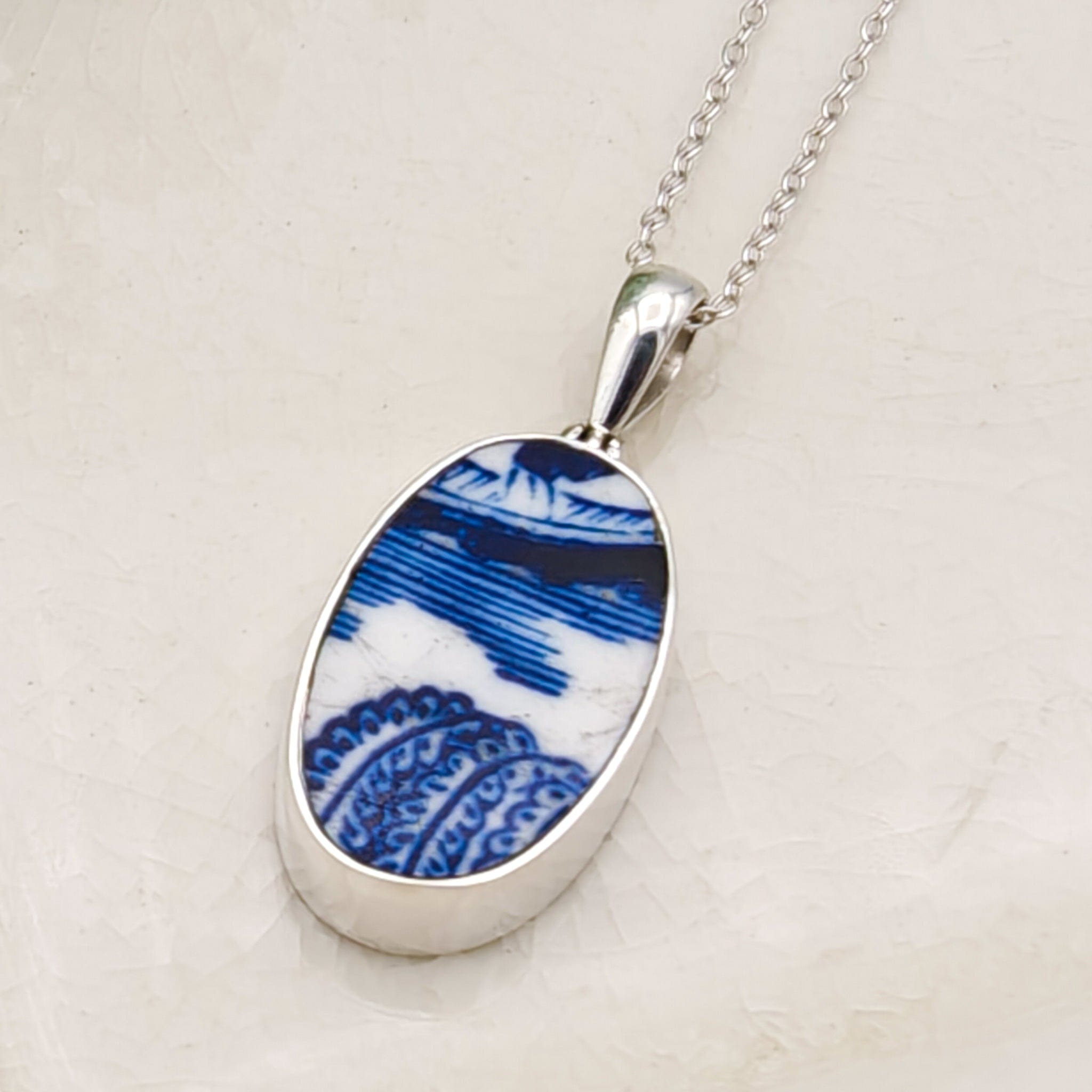 Hepburn and Hughes Minton Pottery Ceramic Pendant | Upcycled Willow Pattern Plate | 25mm Oval | Sterling Silver