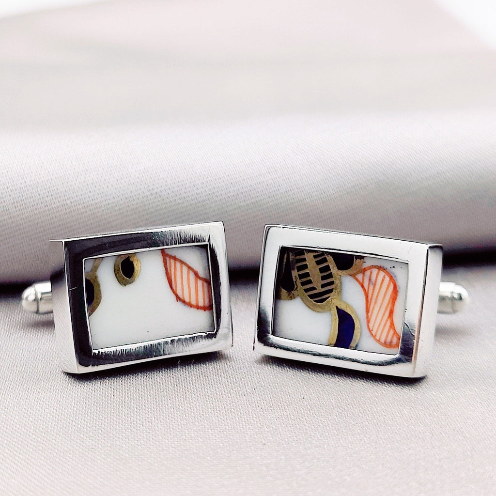 Hepburn and Hughes Minton Pottery Cufflinks | Coloured | Rectangle 20mm x 15mm | Sterling Silver