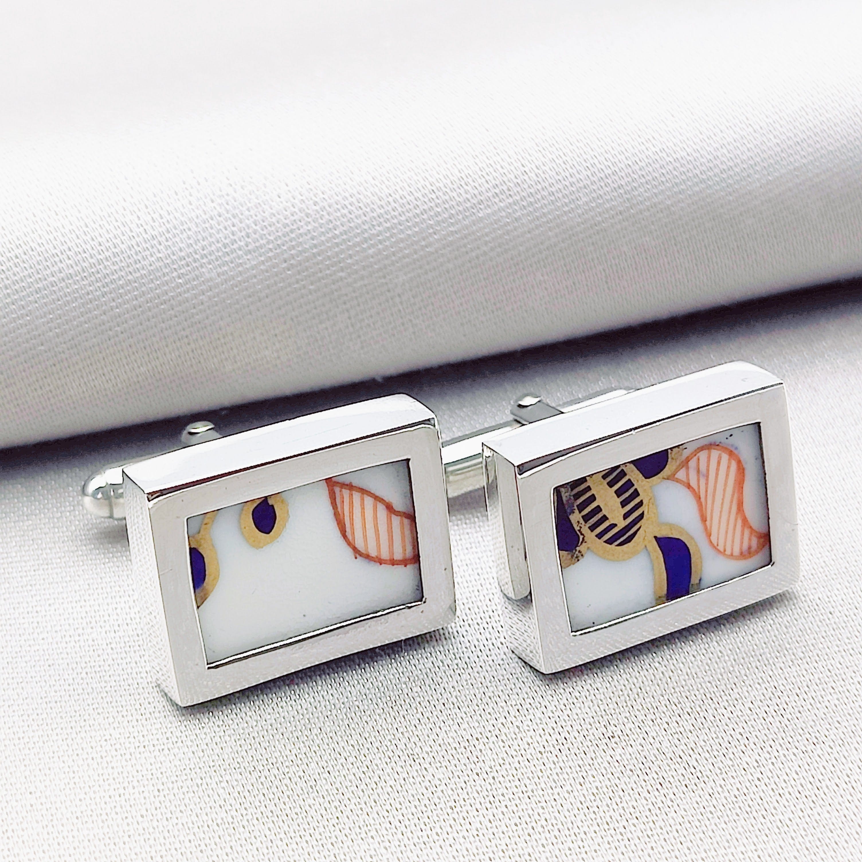 Hepburn and Hughes Minton Pottery Cufflinks | Coloured | Rectangle 20mm x 15mm | Sterling Silver