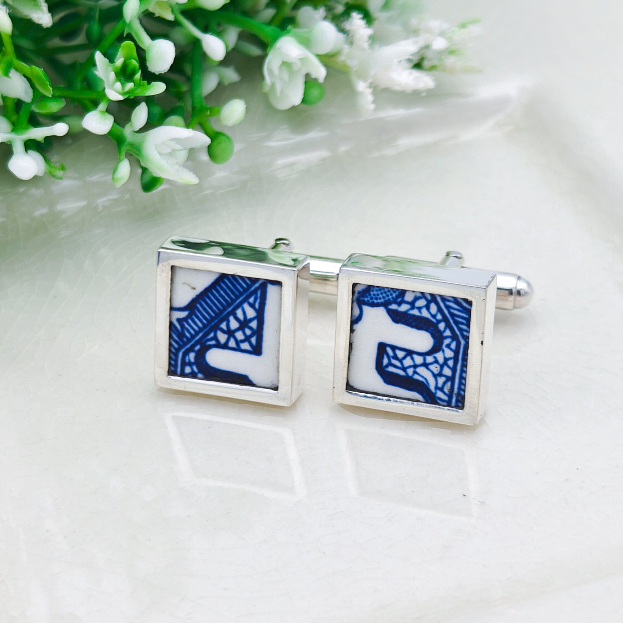 Hepburn and Hughes Minton Pottery Cufflinks | Willow Pattern |  9th Anniversary | Sterling Silver