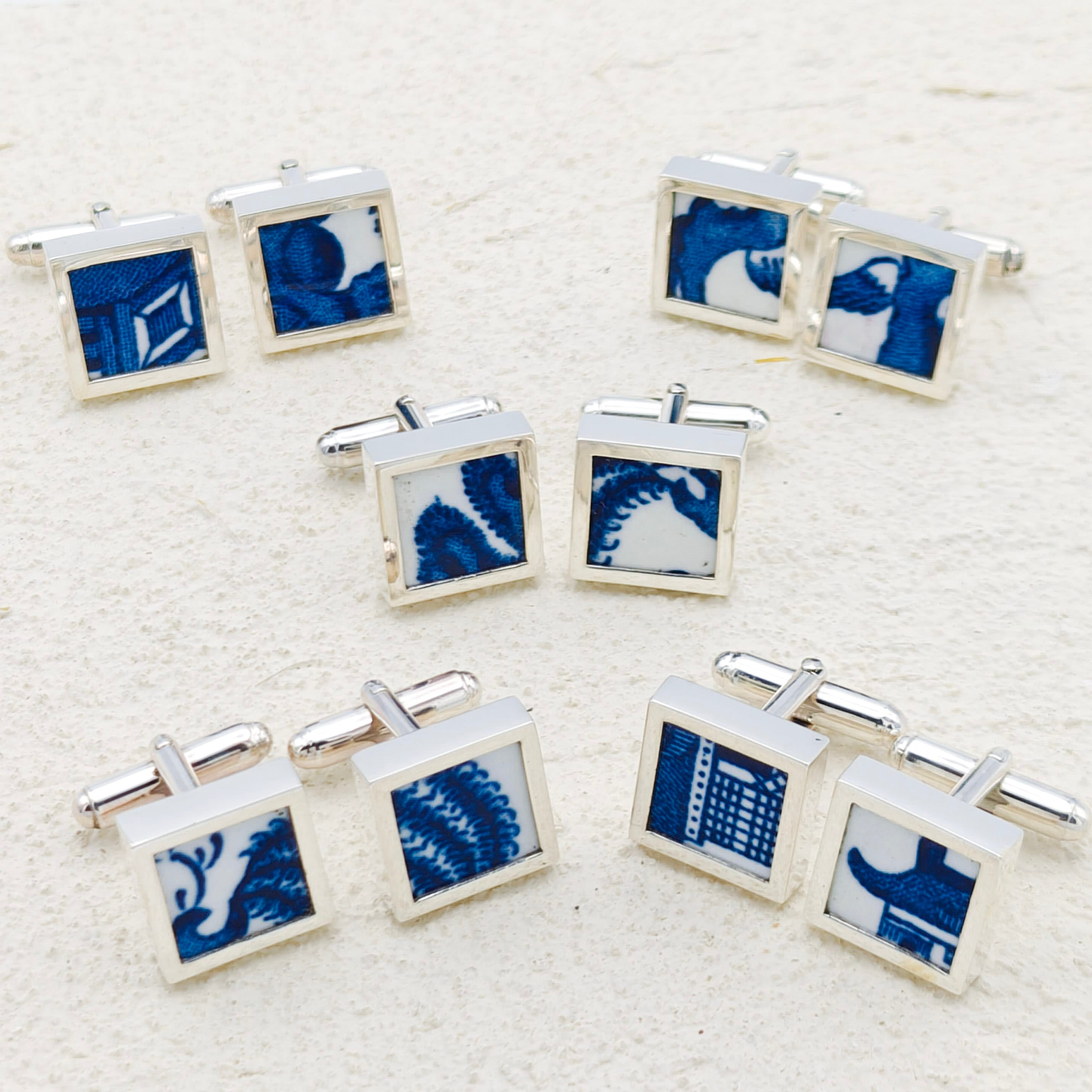 Hepburn and Hughes Minton Pottery Cufflinks | Willow Pattern | 9th Wedding Anniversary | Sterling Silver