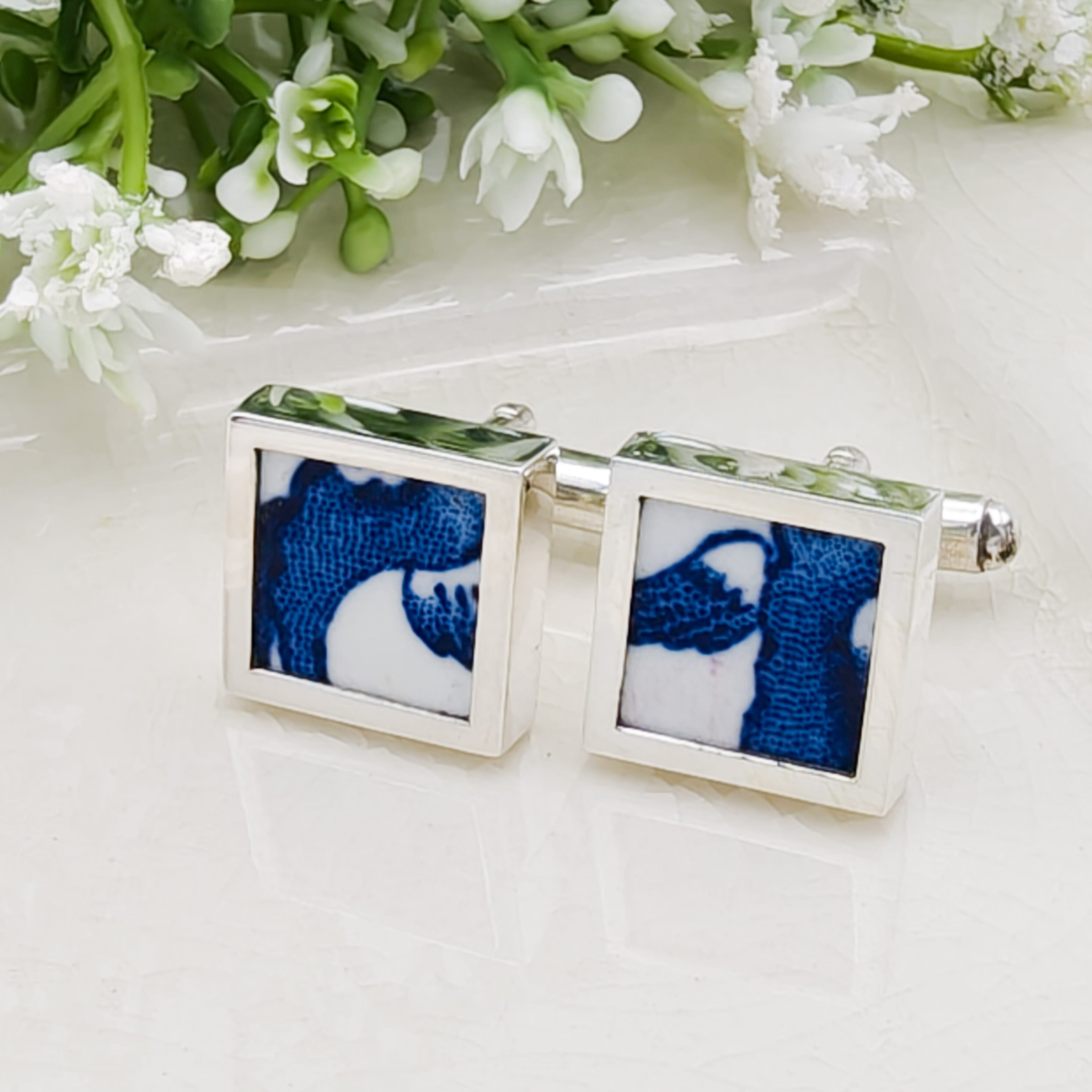 Hepburn and Hughes Minton Pottery Cufflinks | Willow Pattern | 9th Wedding Anniversary | Sterling Silver