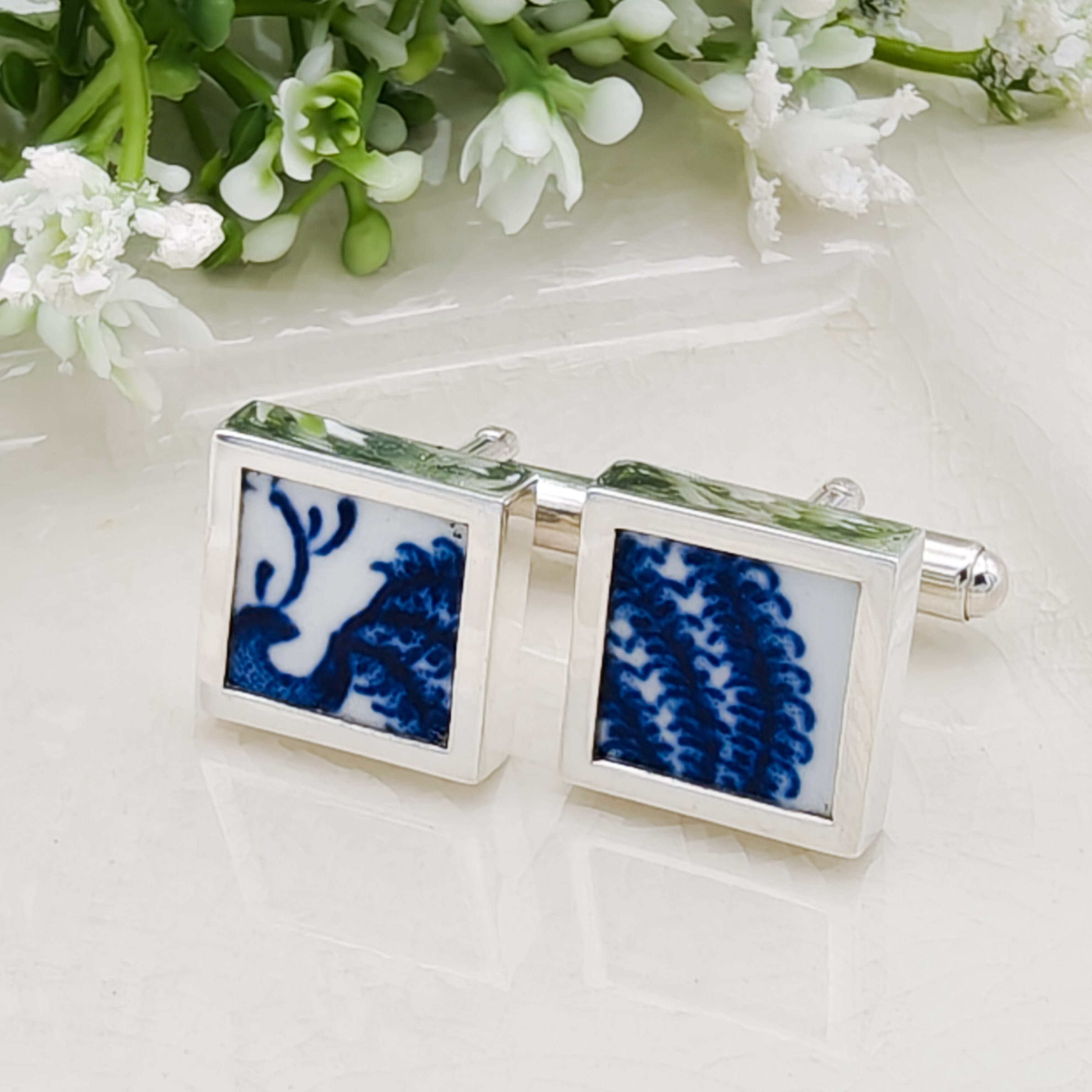 Hepburn and Hughes Minton Pottery Cufflinks | Willow Pattern | 9th Wedding Anniversary | Sterling Silver