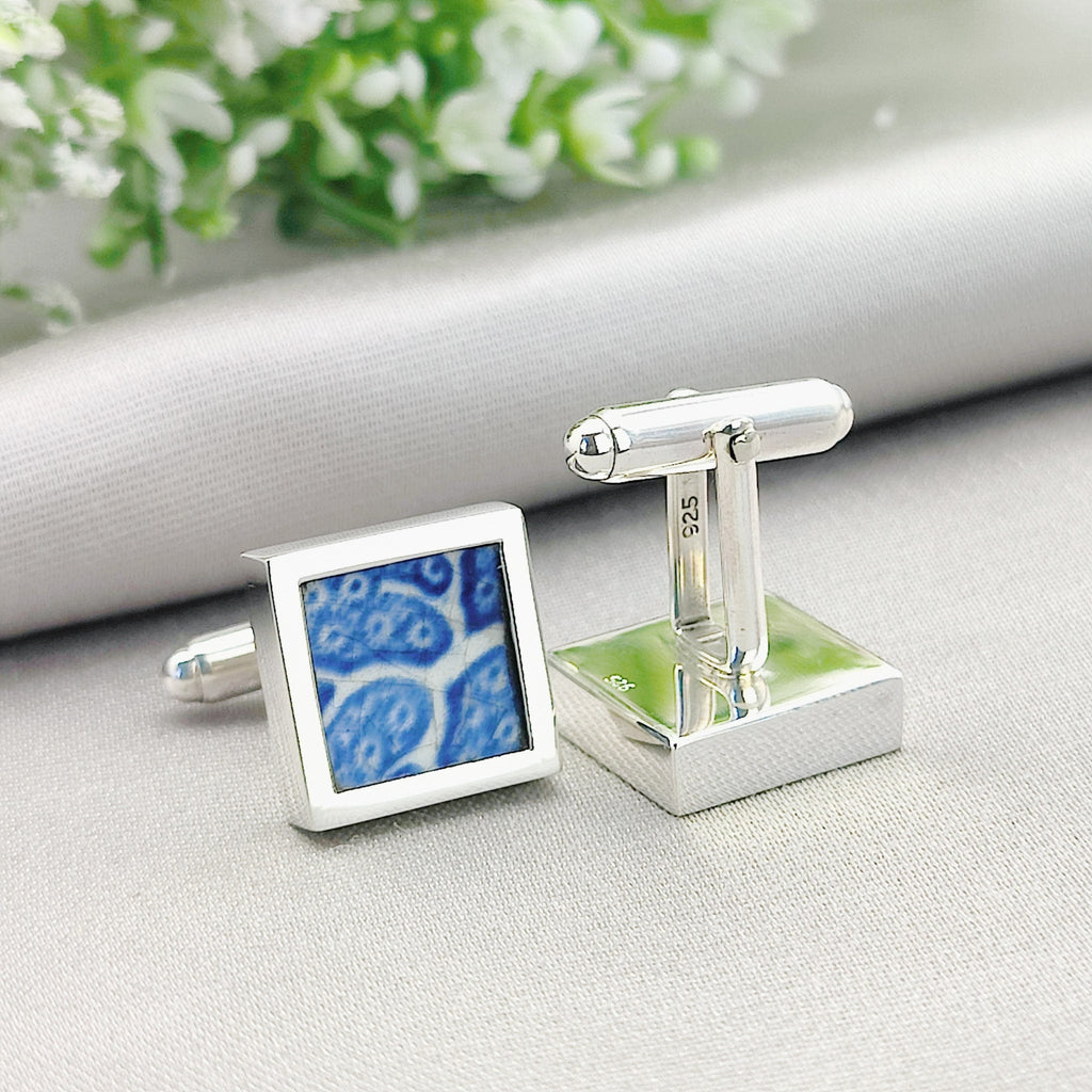 Hepburn and Hughes Minton Pottery Cufflinks | Willow Pattern | Square Cuff Links 15mm x 15mm | Sterling Silver