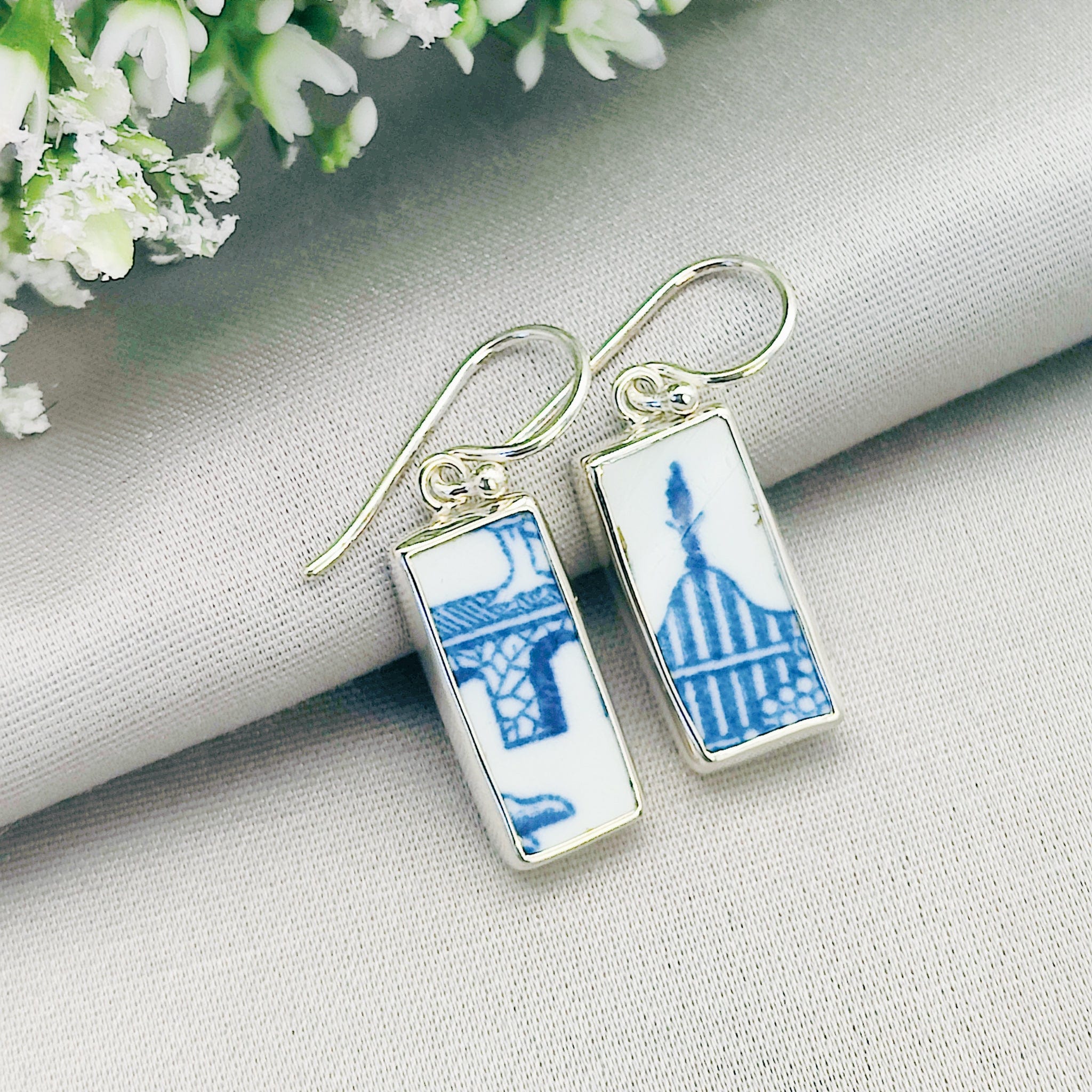 Hepburn and Hughes Minton Pottery Rectangular Earrings in Sterling Silver