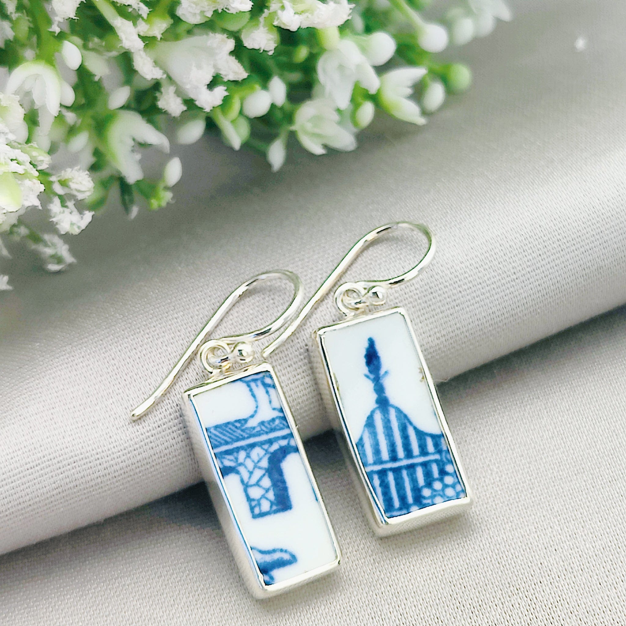 Hepburn and Hughes Minton Pottery Rectangular Earrings in Sterling Silver