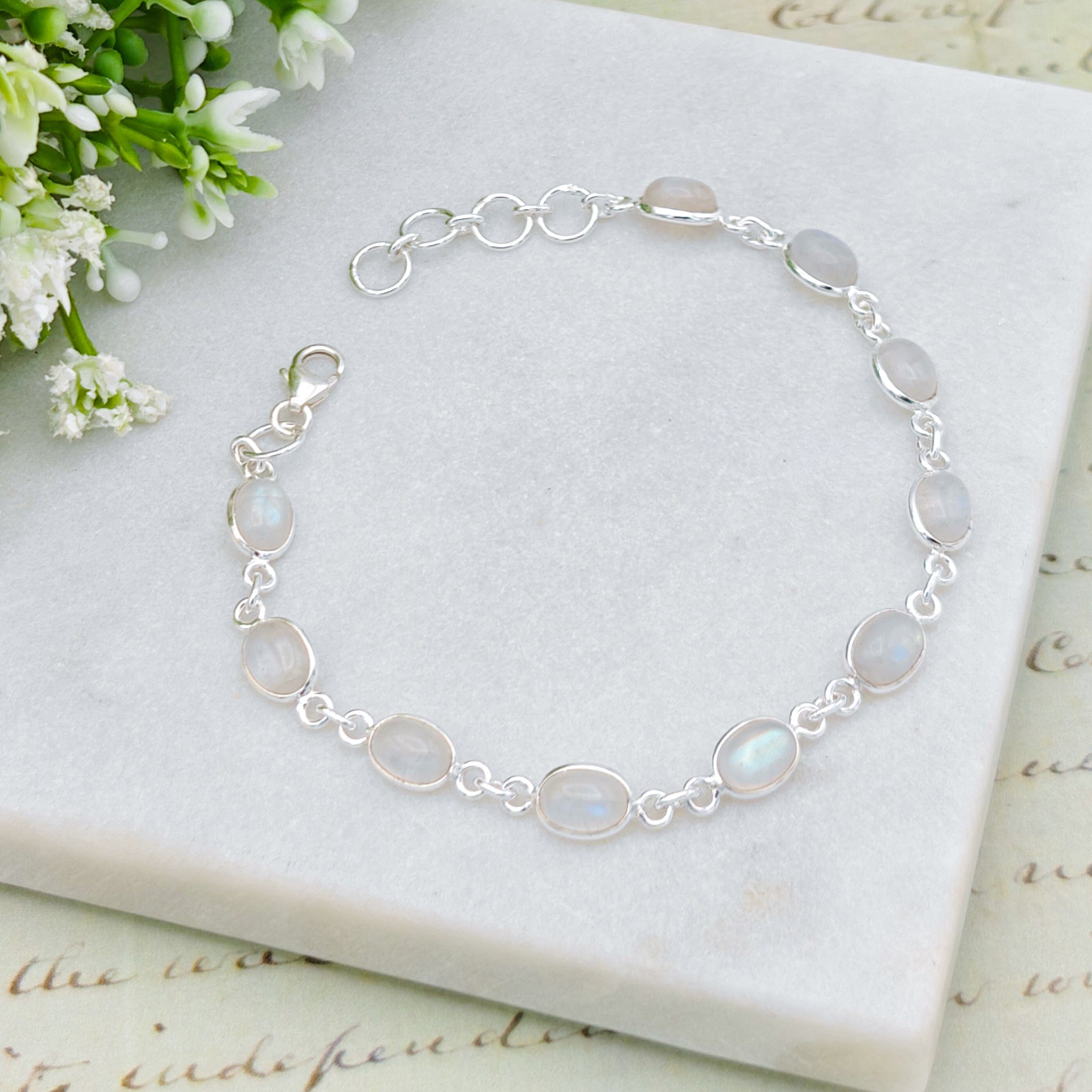 Hepburn and Hughes Moonstone Bracelet in Sterling Silver | 10 Oval Gemstones | June Birthstone