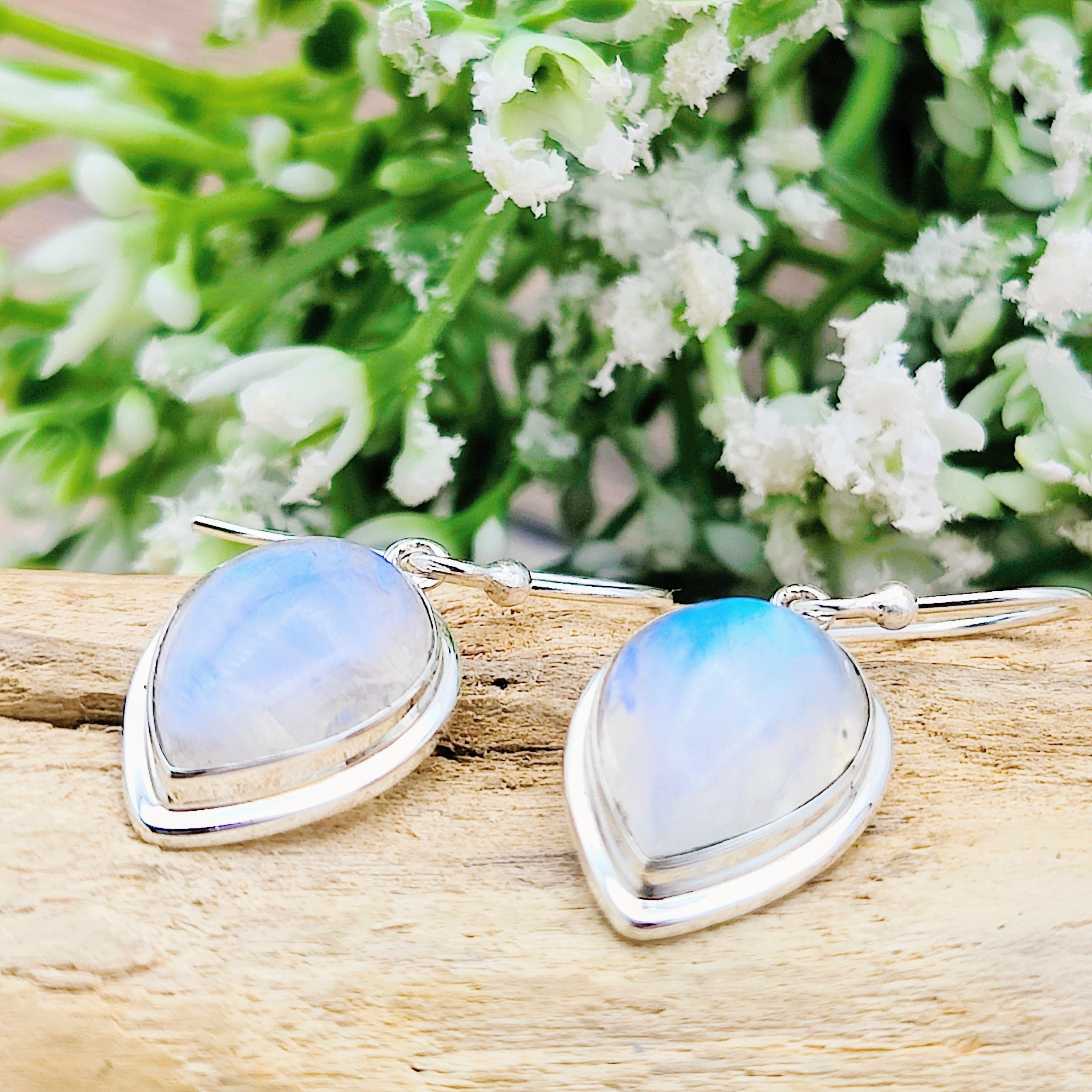 Hepburn and Hughes Moonstone Earrings | Teardrop with double bezel | Sterling Silver