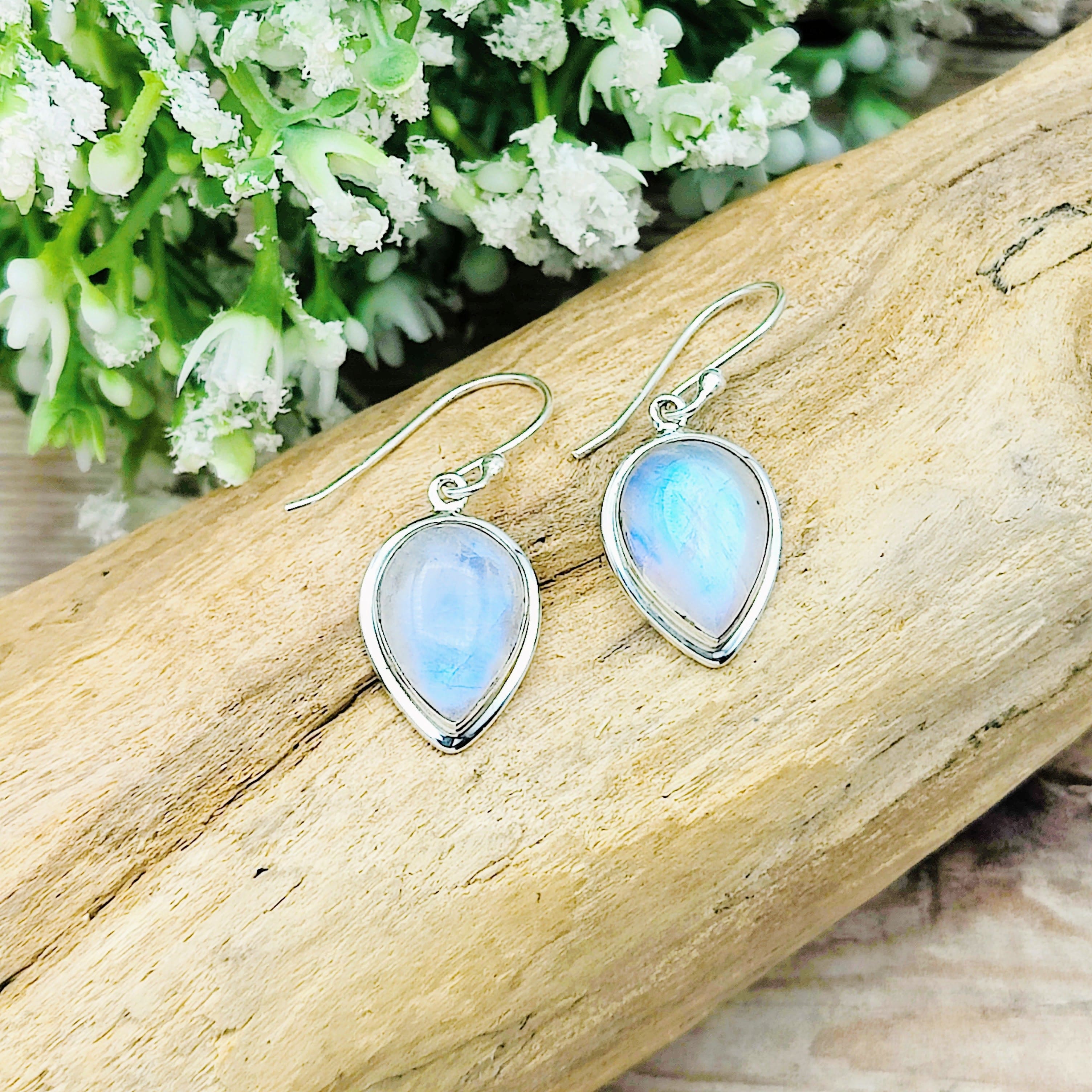 Hepburn and Hughes Moonstone Earrings | Teardrop with double bezel | Sterling Silver