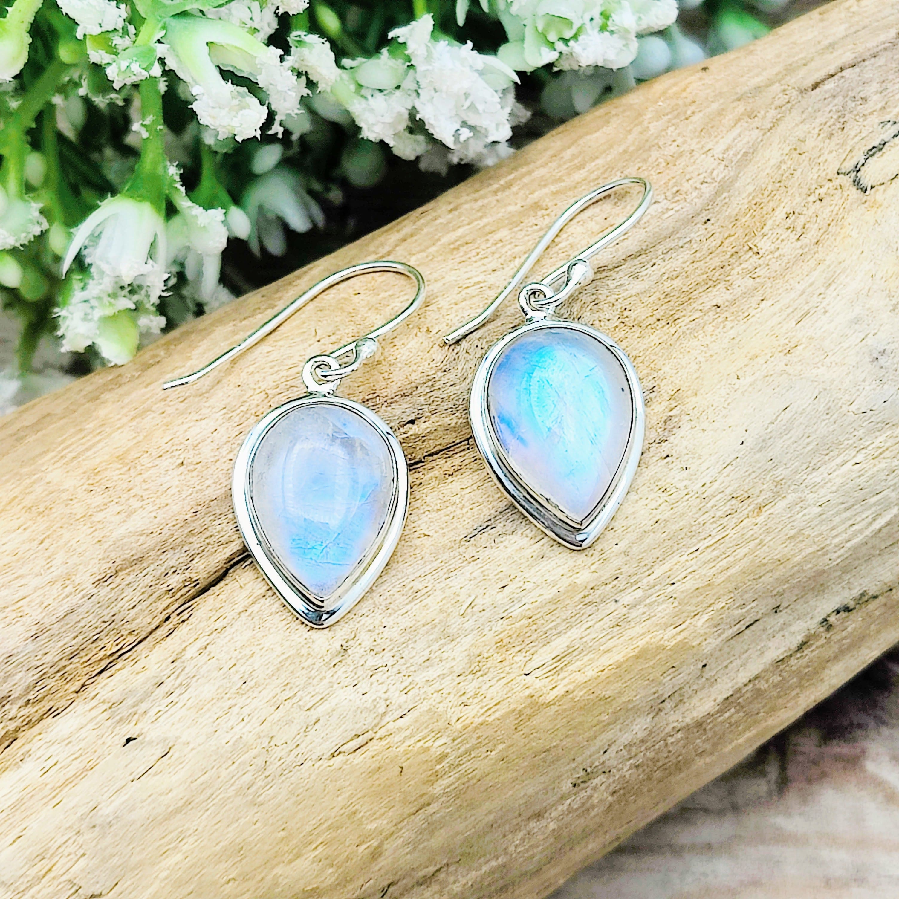 Hepburn and Hughes Moonstone Earrings | Teardrop with double bezel | Sterling Silver