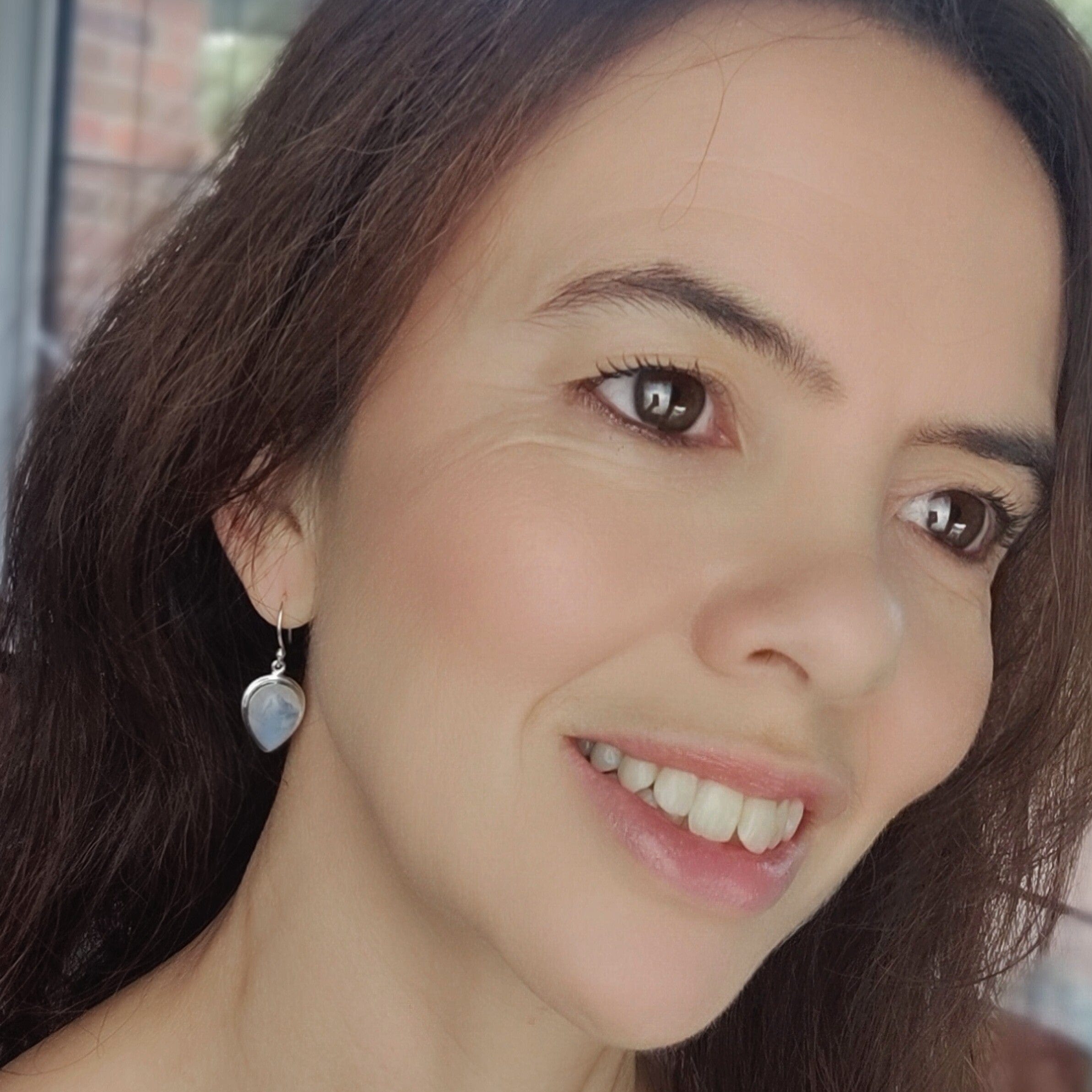Hepburn and Hughes Moonstone Earrings | Teardrop with double bezel | Sterling Silver
