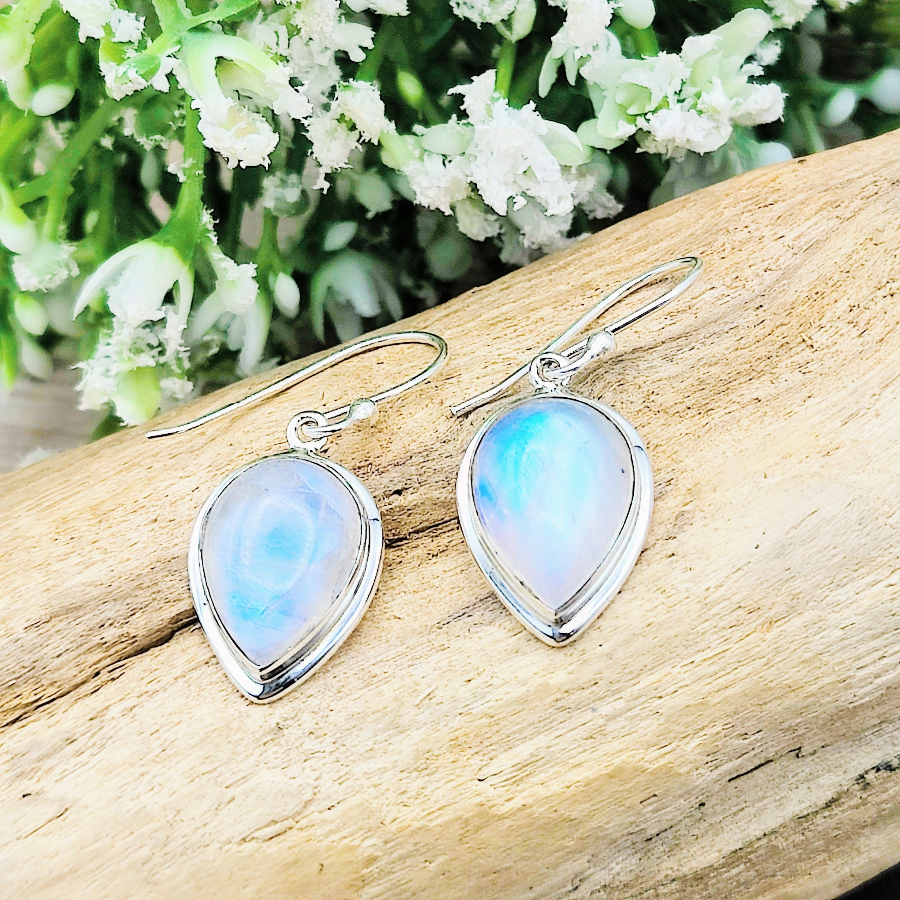 Hepburn and Hughes Moonstone Earrings | Teardrop with double bezel | Sterling Silver