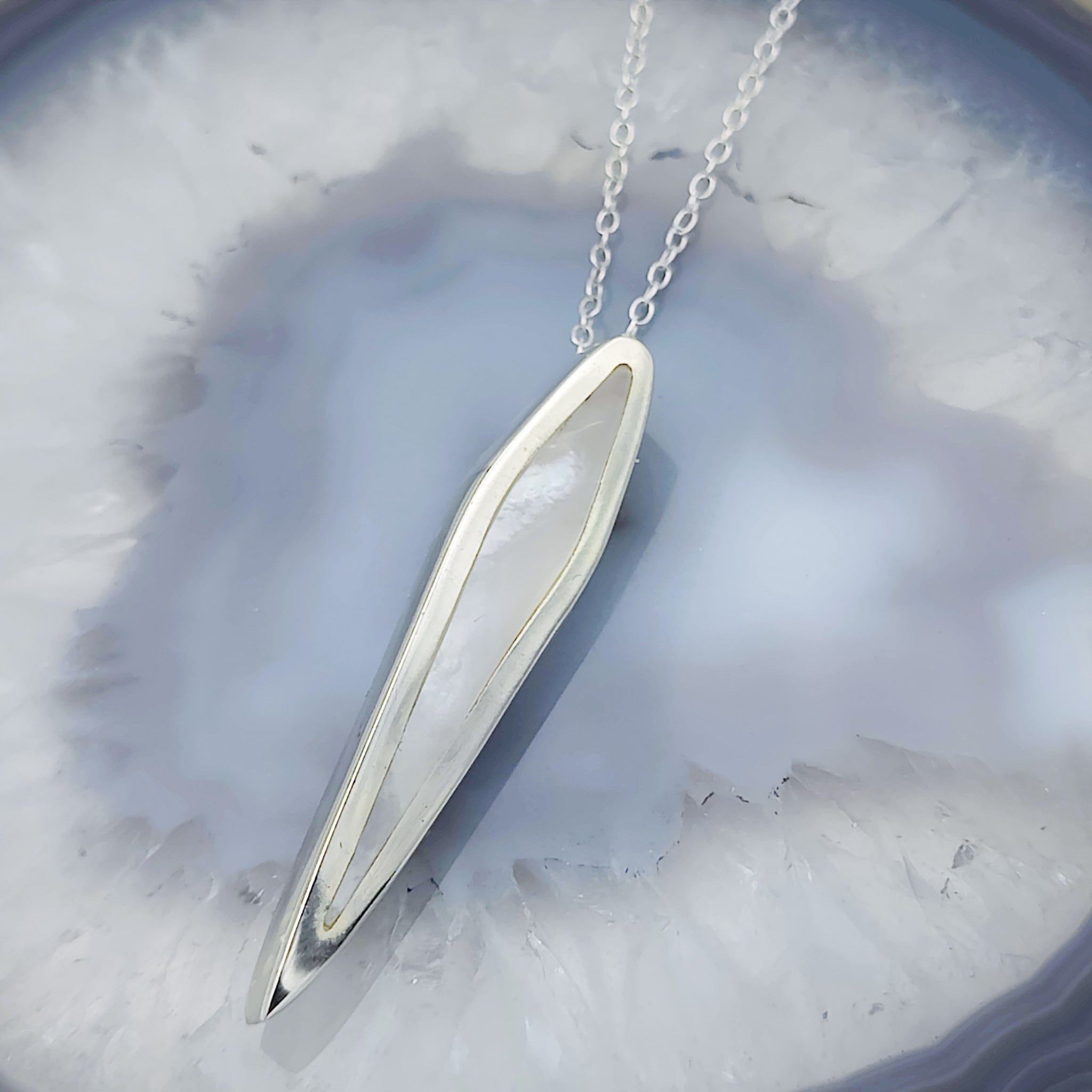 Hepburn and Hughes Mother of Pearl Art Deco Pendant | 40mm | June Birthday | Sterling Silver