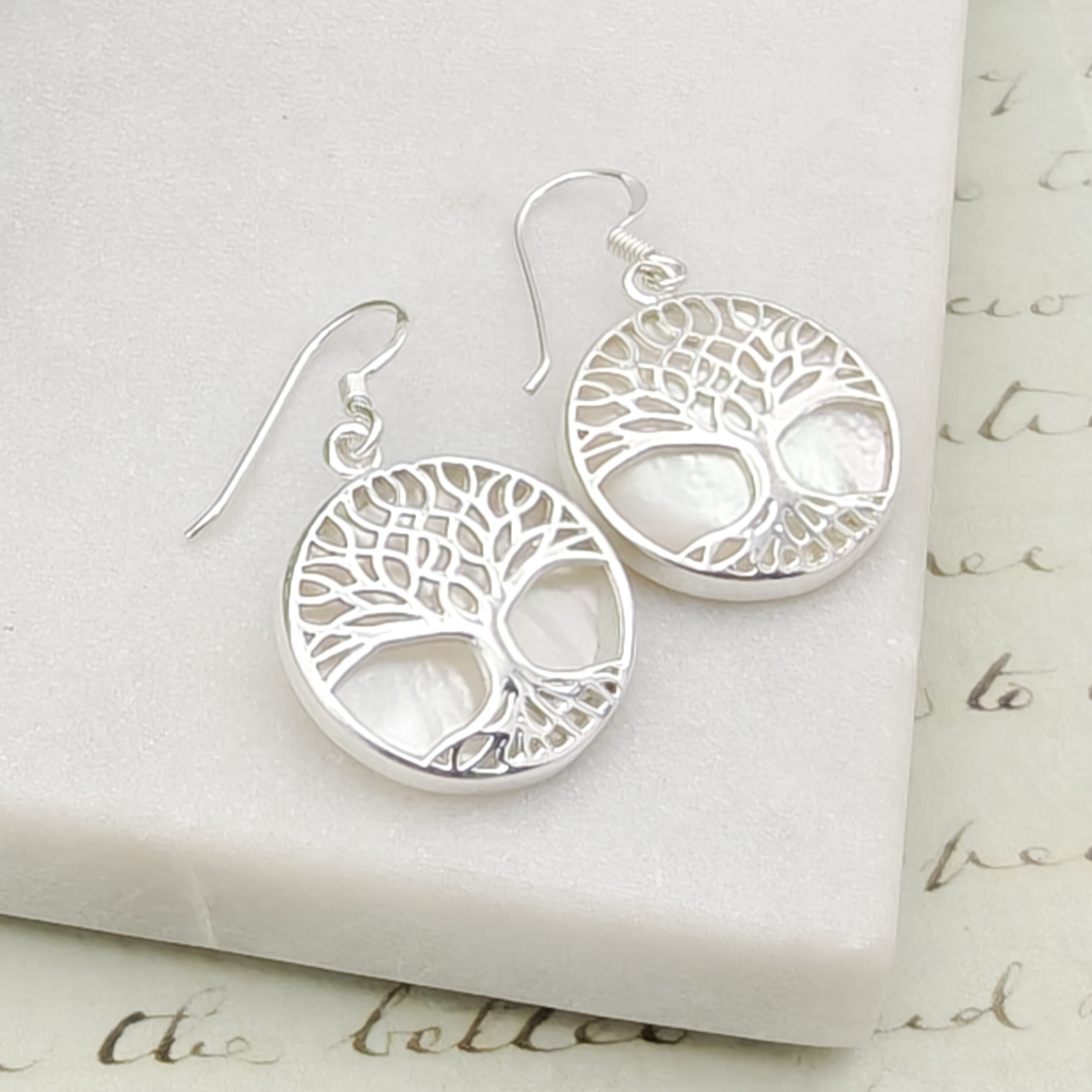 Hepburn and Hughes Mother of Pearl Earrings | June Gift | Tree of Life | Sterling Silver