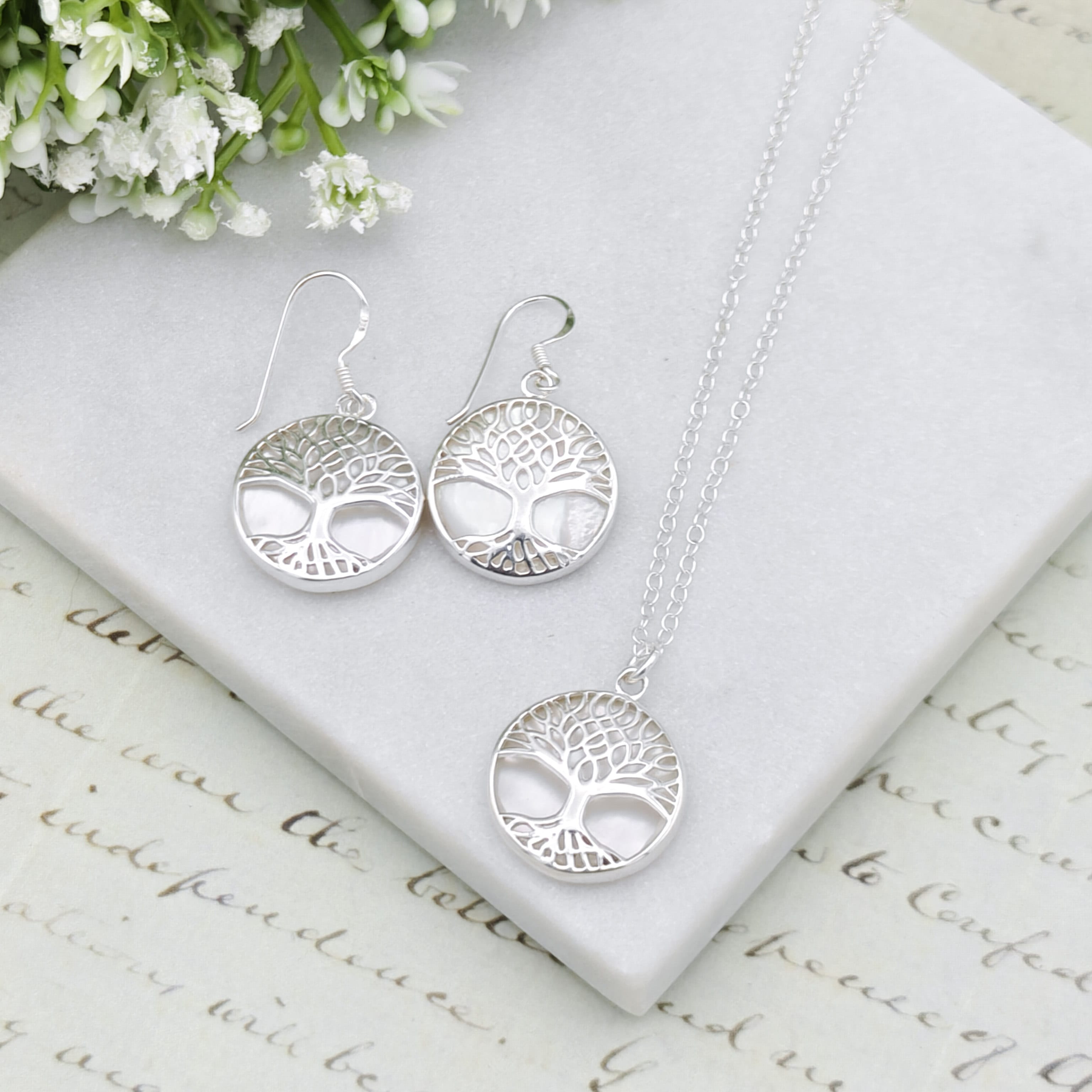 Hepburn and Hughes Mother of Pearl Earrings | June Gift | Tree of Life | Sterling Silver